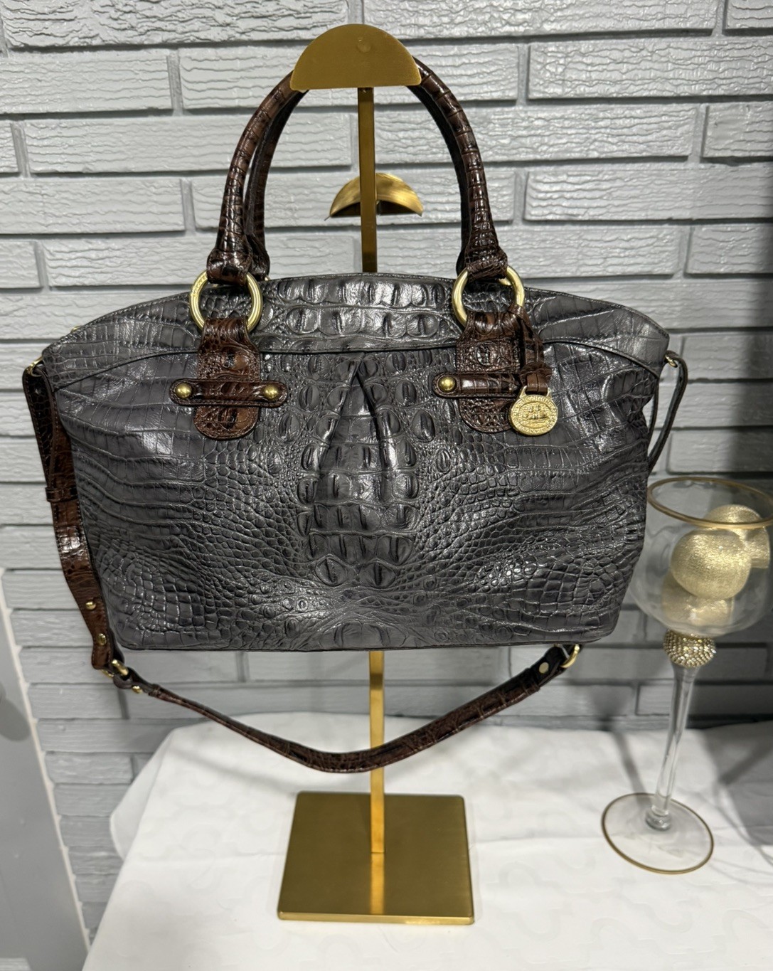 Brahmin Gray Brown Crocodile Embossed Leather Satchel Crossbody Handbag