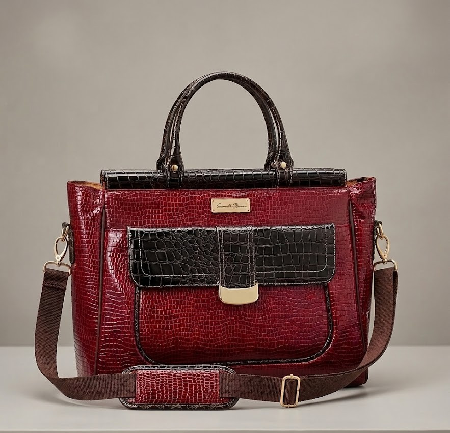 Samantha Brown Croc-Embossed Dowel Travel Large Bag/Tote/Weekender BurgundyBrown