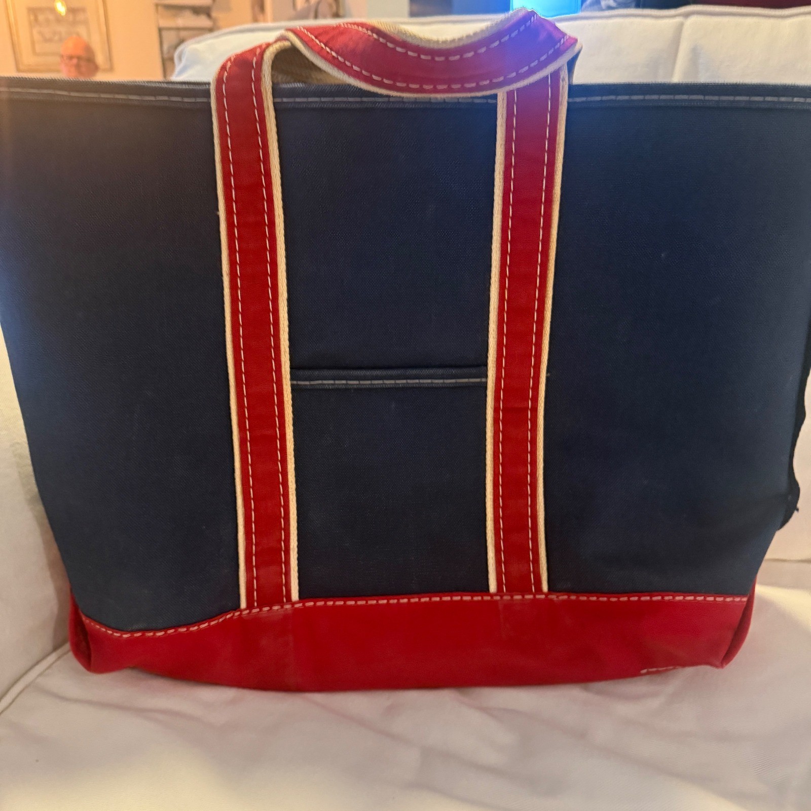 LL Bean 1980’s Boat and Tote Canvas Bag Navy Blue Red Large Open Top Made in USA