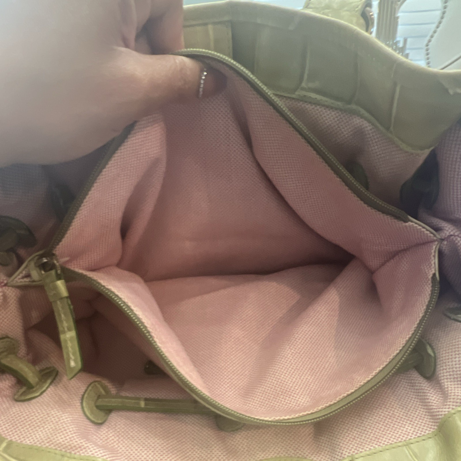 Dooney & Bourke Green Croc Embossed Shoulder Bag Drawstring Zip Gold Pink Lined