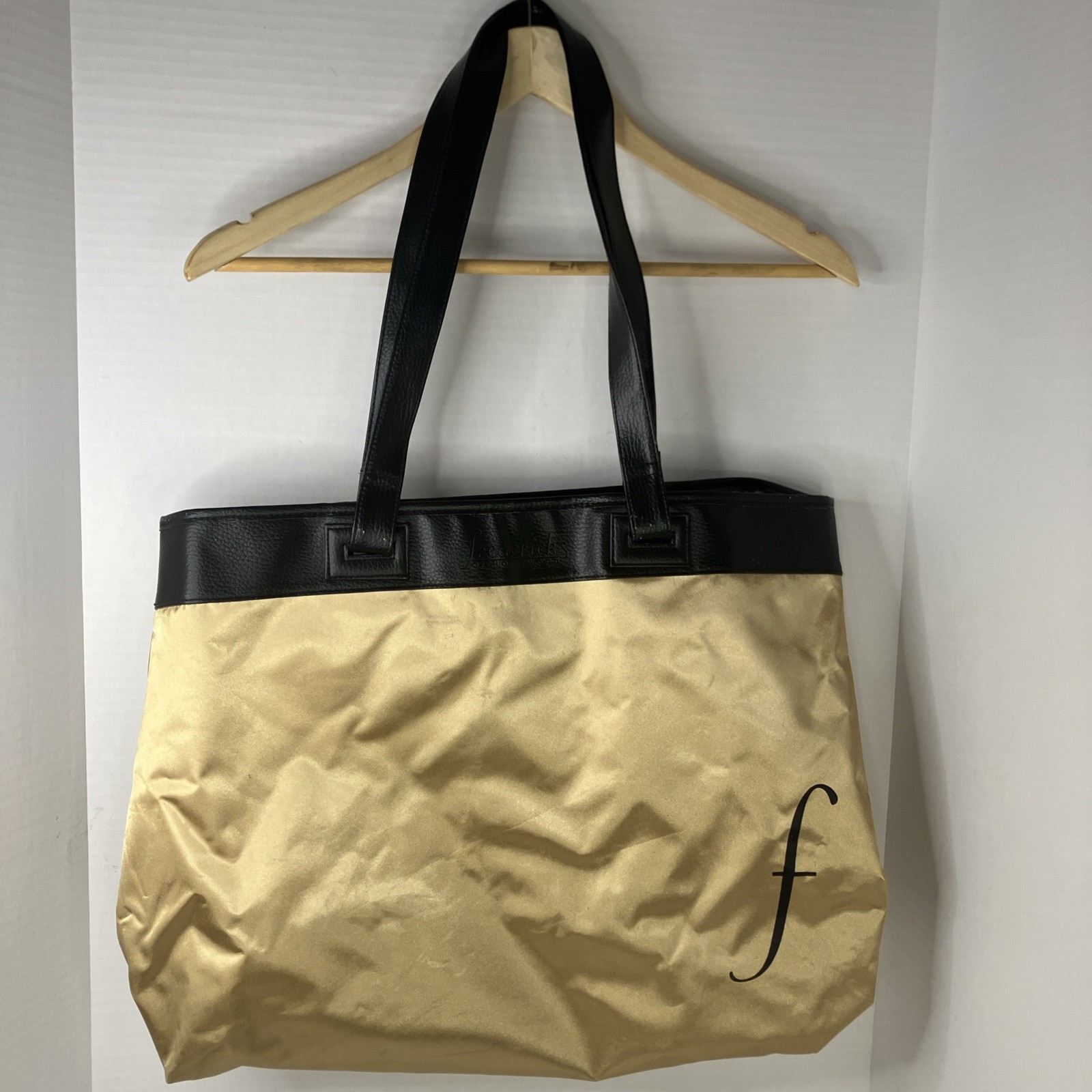 Frederick’s of Hollywood Gold Satin w/Emblem and Leopard Print Canvas Vegan Tote