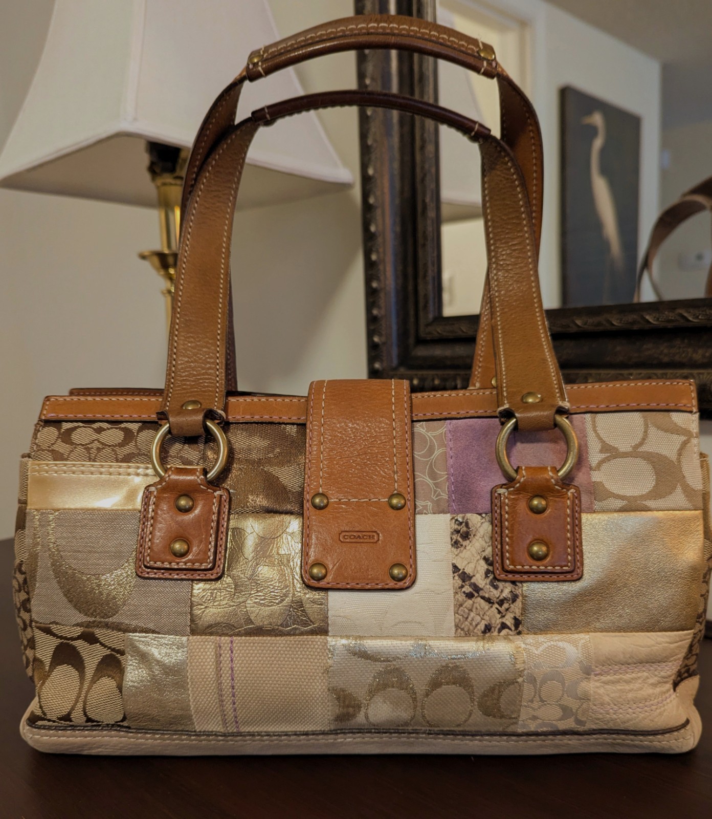 Vintage Coach Y2K Patchwork Whiskey Leather Satchel Tote Bag 10004