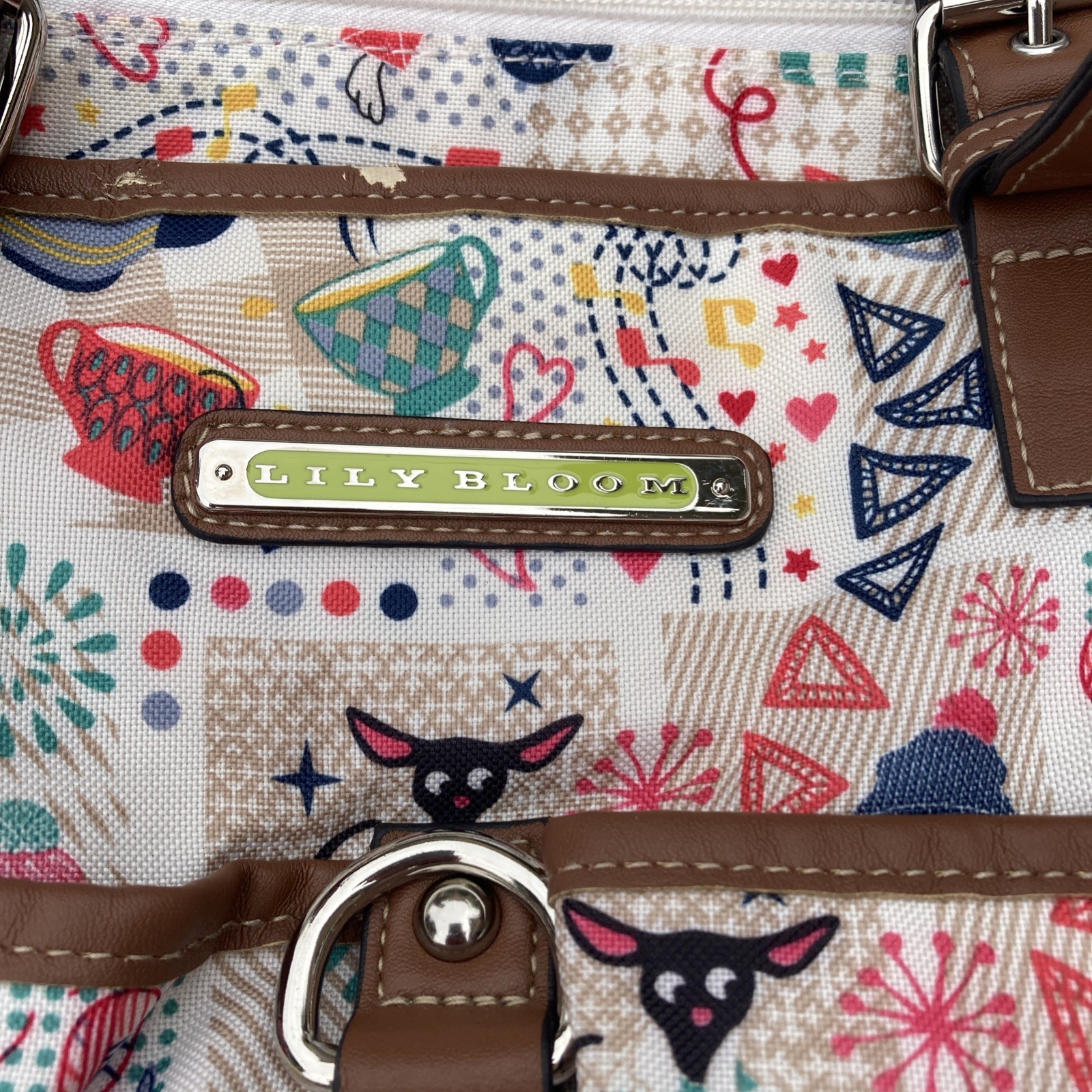 Lilly Bloom Floral Canvas Tote Bag with Brown Trim – Multicolor 13Lx4.5W*12H EUC