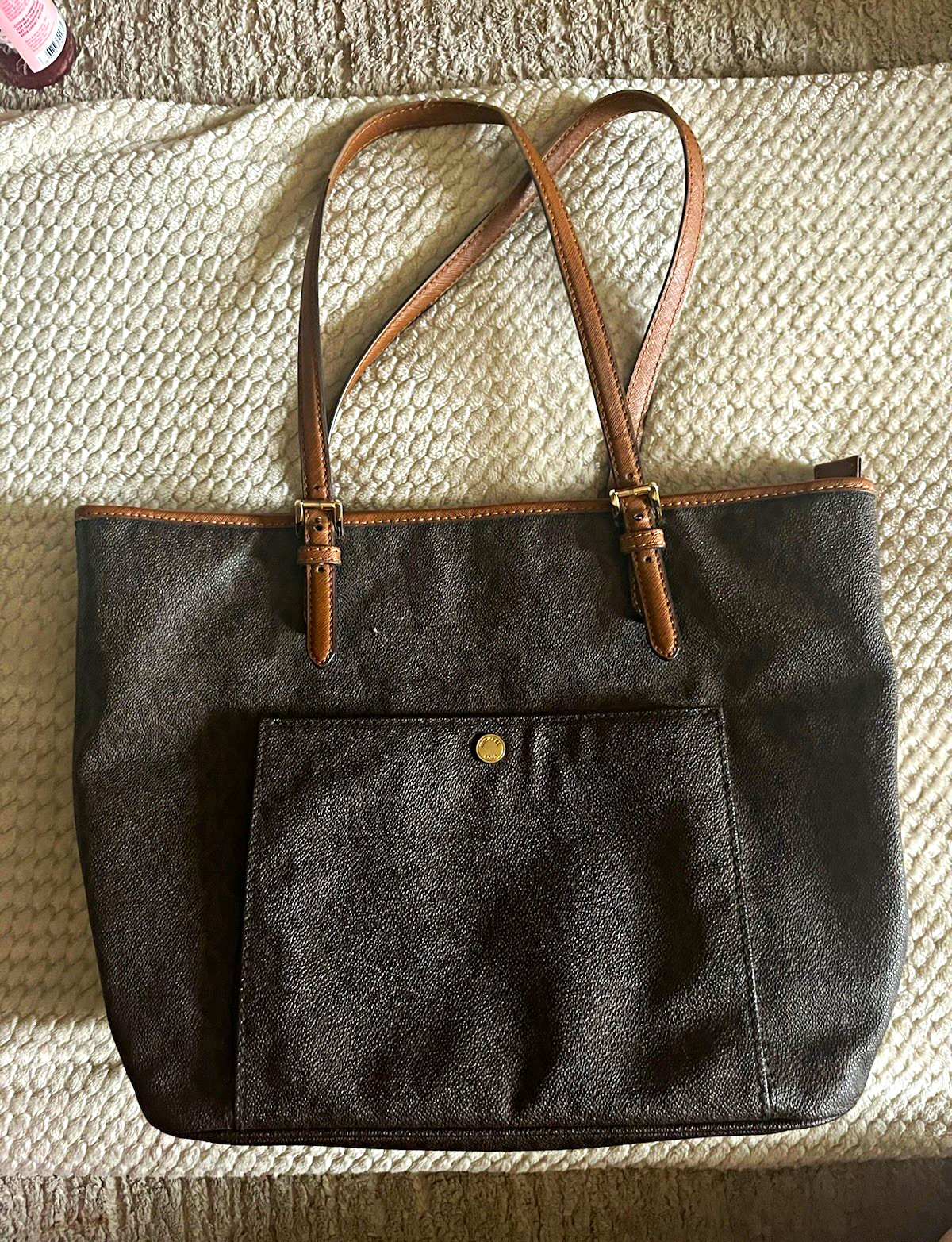 Michael Kors Brown Monogram Tote Bag Zip Closure Lined Inner Pockets
