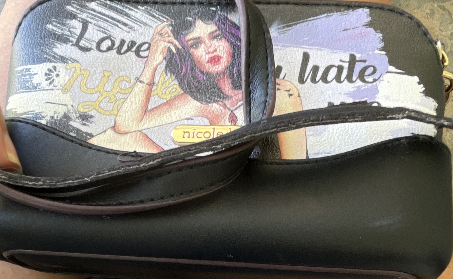 Nicole Lee Black Graphic Print Small Crossbody Bag Zip Gold Hardware Lined