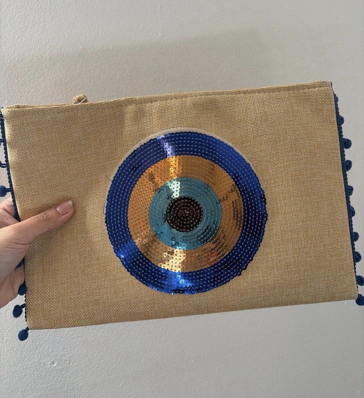 Beige Fabric Zipper Makeup Bag Blue & Gold Sequin Evil Eye Design