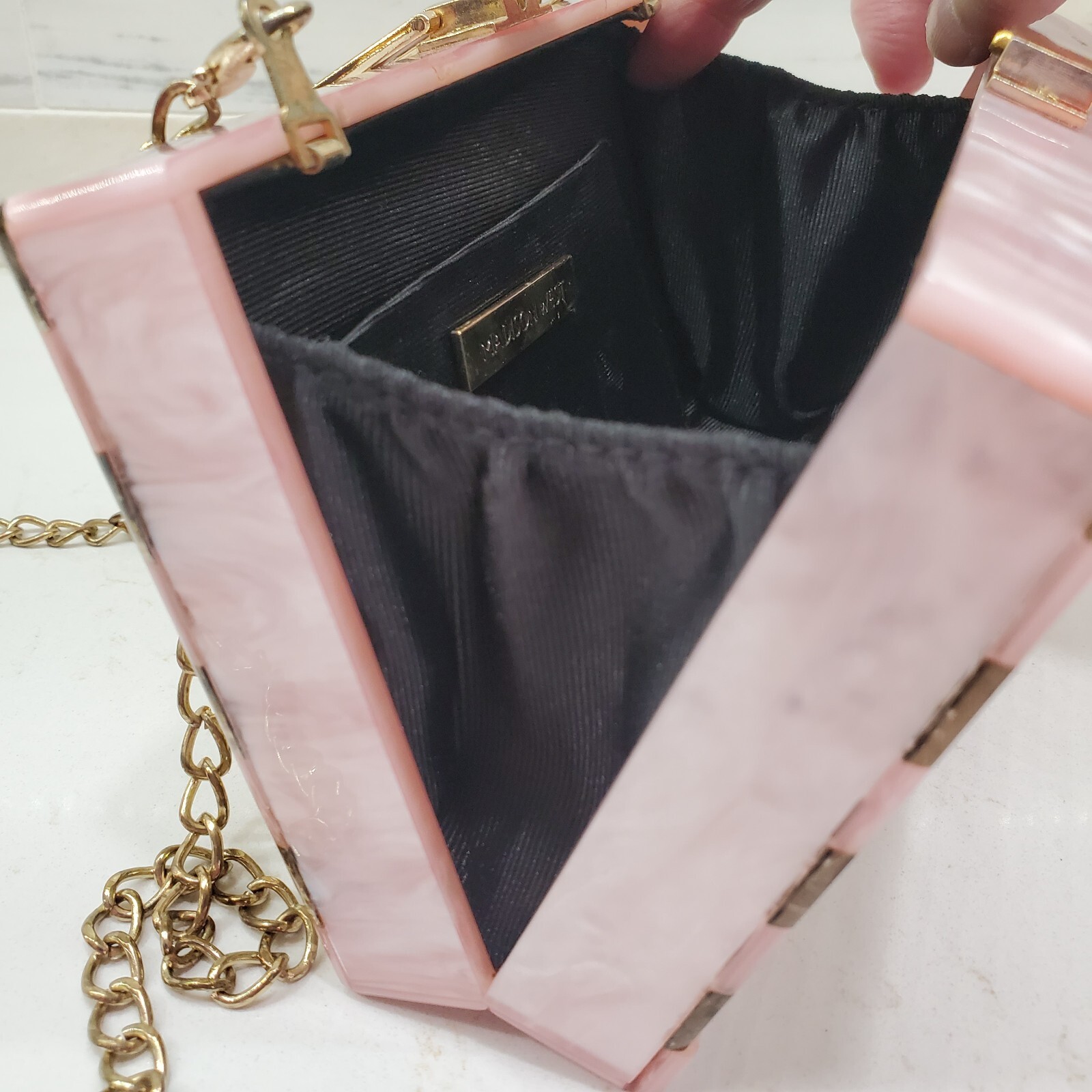 Madison West Pink Marbled & Gold Glitter Acrylic Clutch w In or Out Gold Chain