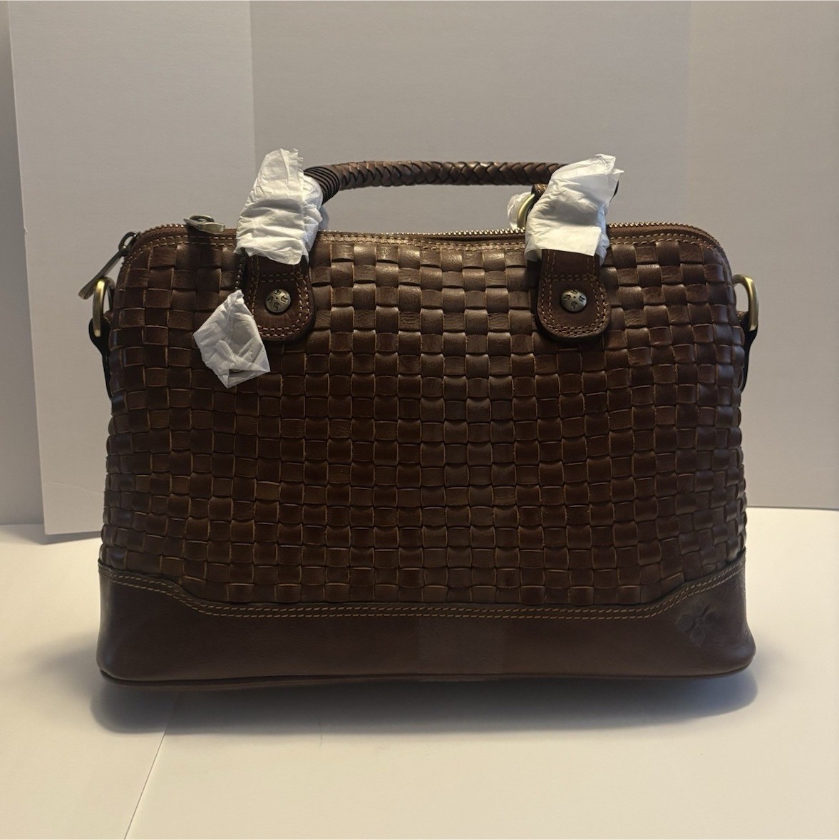 Patricia Nash Augusta Cognac Woven Satchel Double Handles Zipper Accent