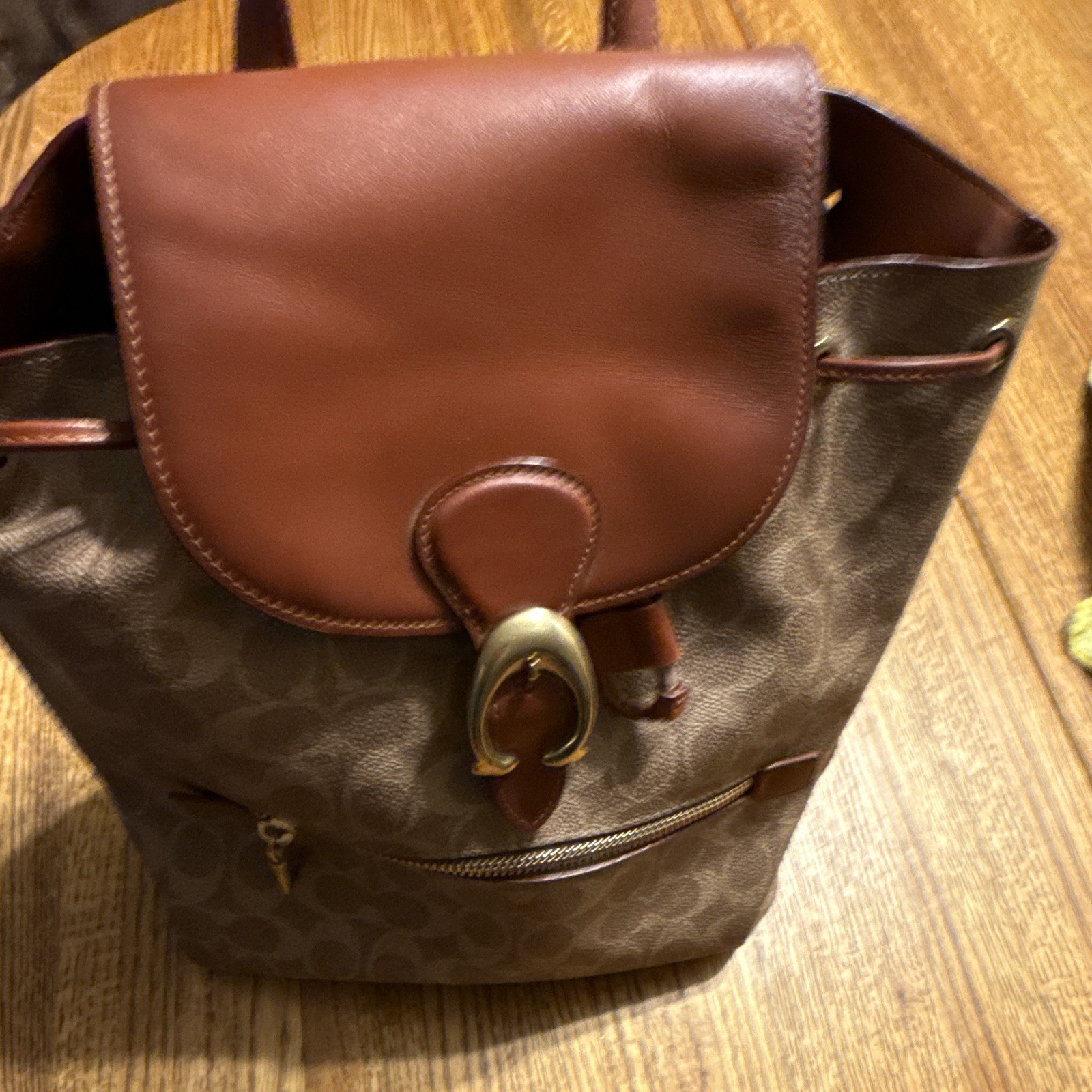 Coach Evie Logo Drawstring Backpack Brown/Tan Buckle Gold Hardware Lined