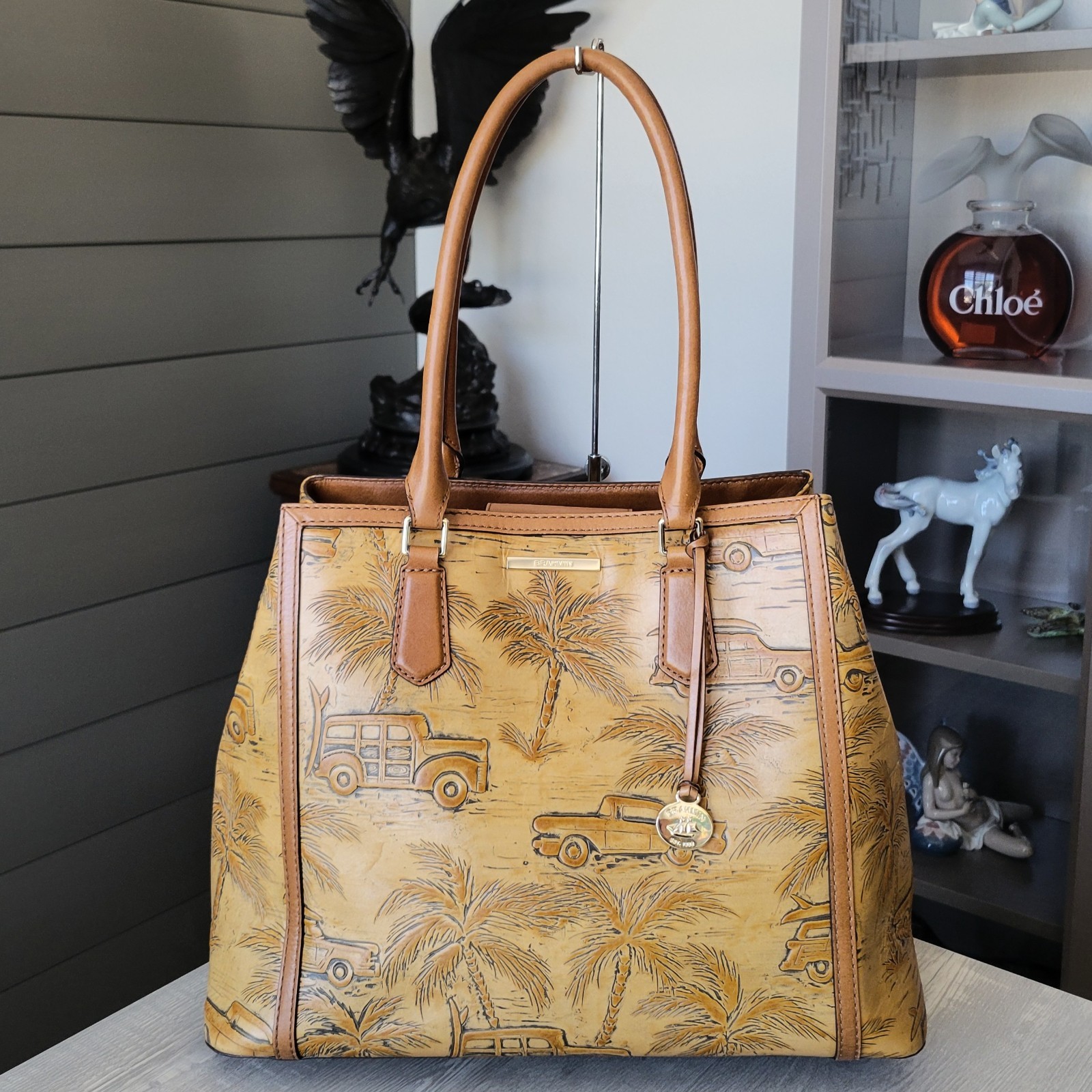 Brahmin Coba Cabana Joan Tote Bag Brown Embossed Leather Woody Cars / Palms EUC