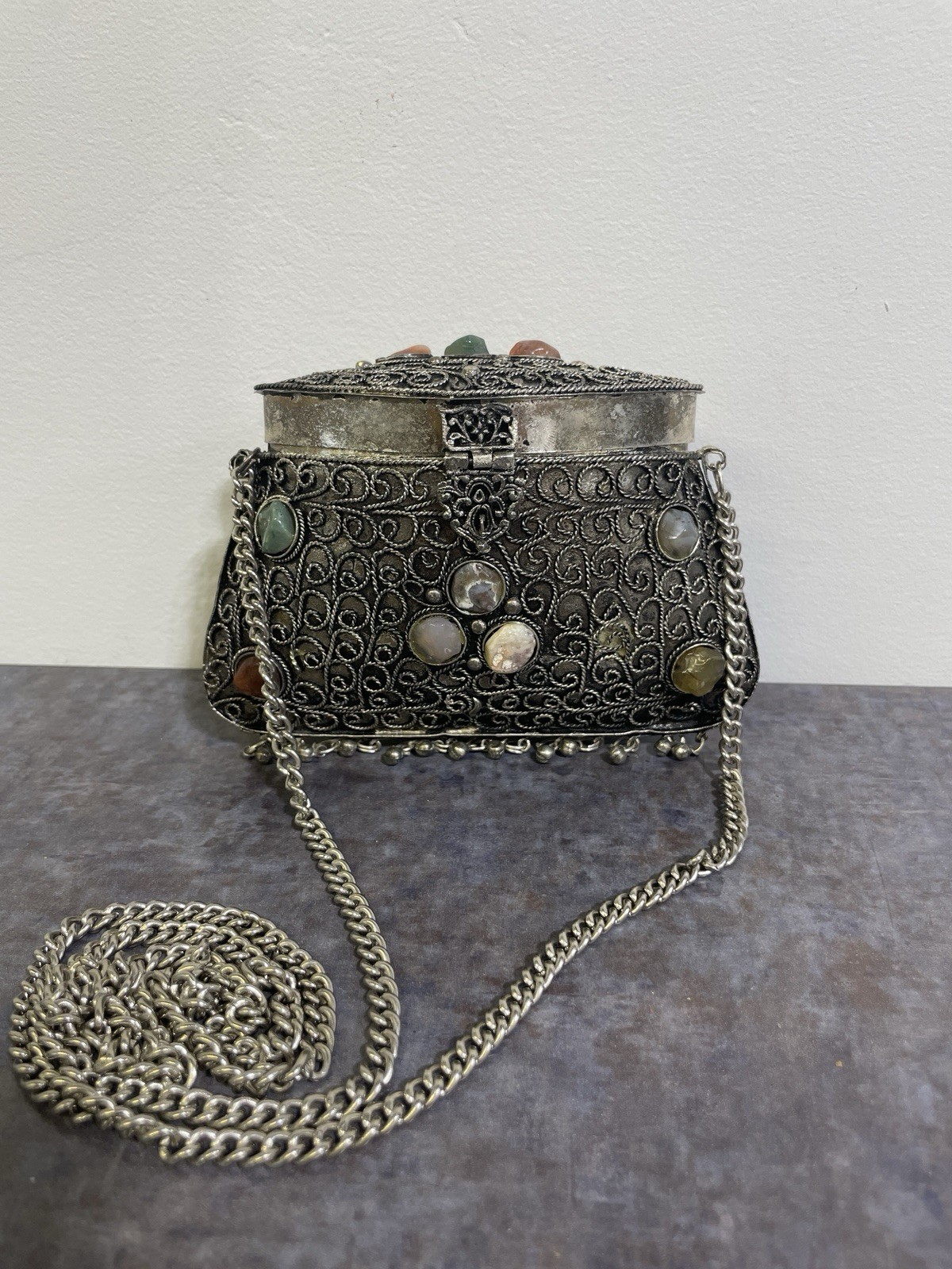 Vintage Sajai Metal Purse Filigree Natural Agate Stones Long Chain Art Deco Boho
