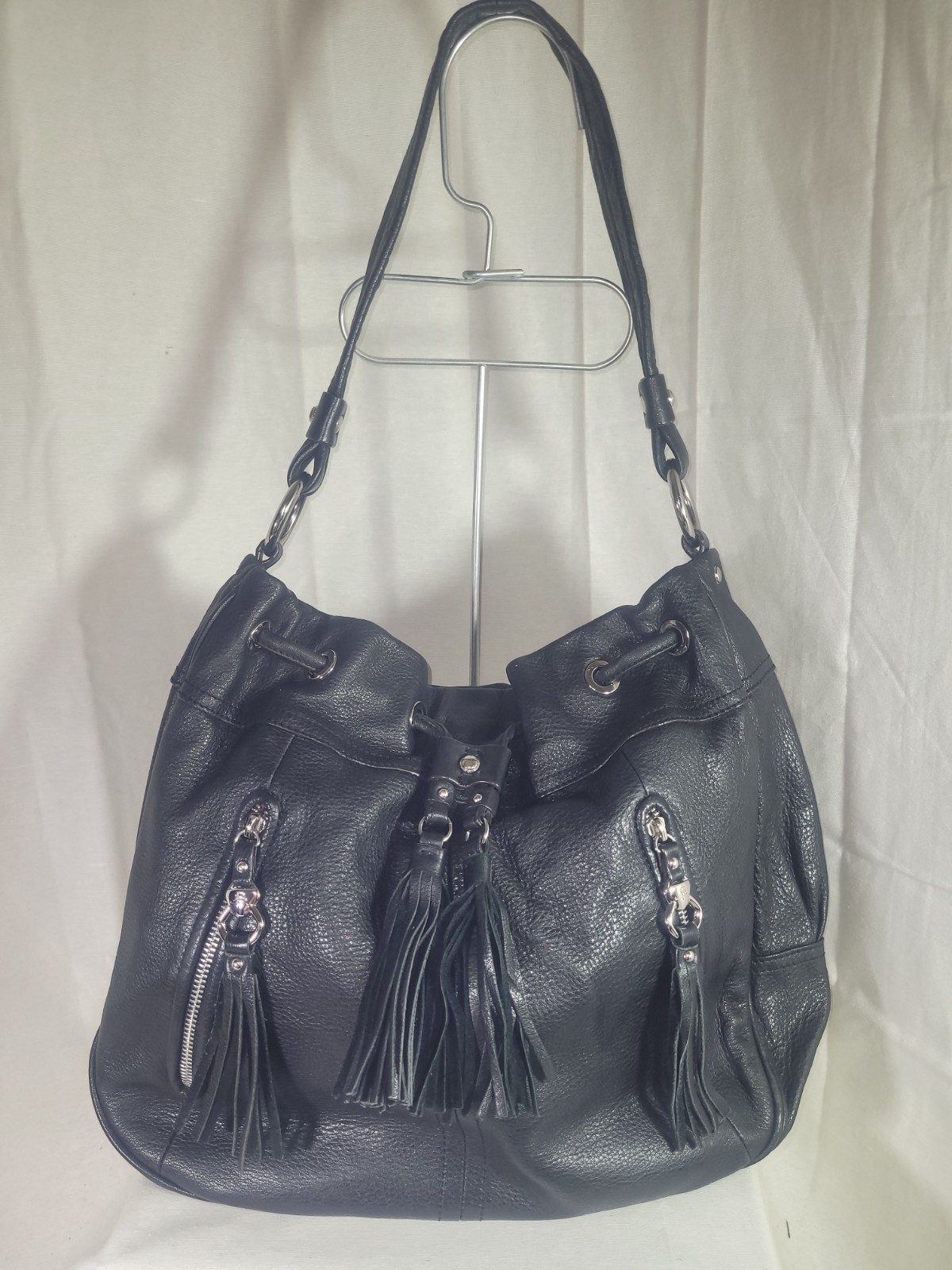 B. Makowsky Jet Black Pebbled Leather Drawstring Bucket Tote Bag Tassels Boho