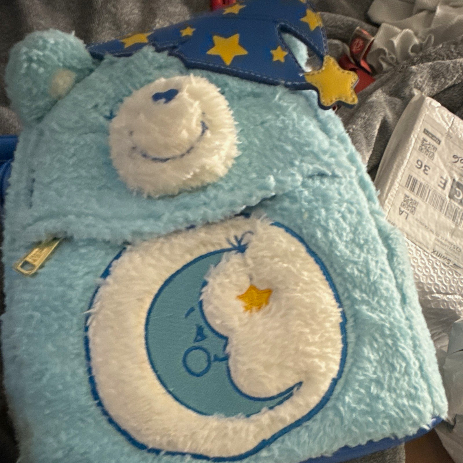 Care Bear Blue Plush Crossbody Bag Zip Closure Star Applique Detachable Strap