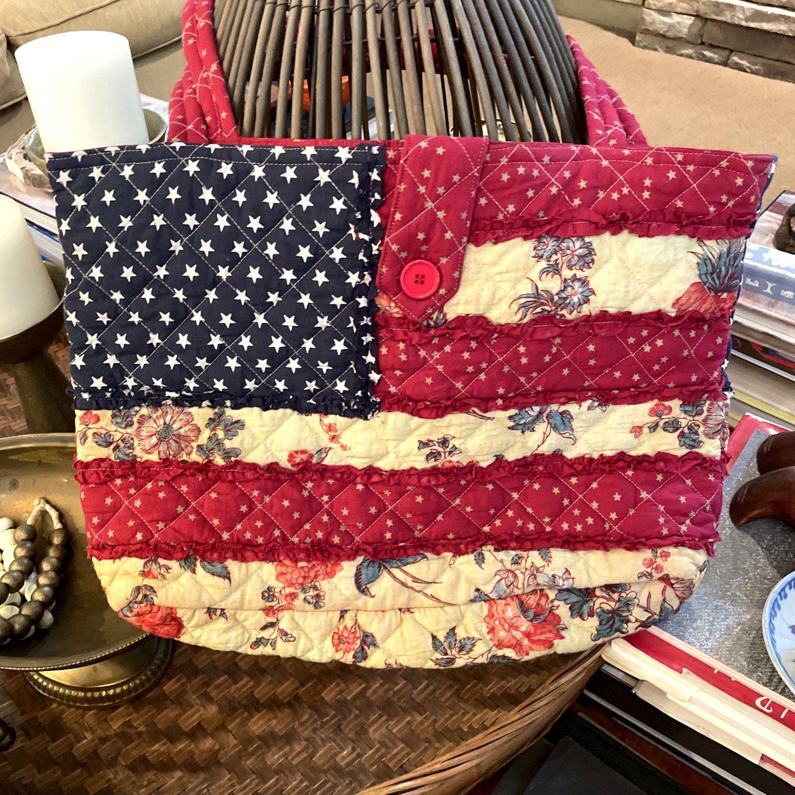Victorian Trading Co Patriotic American Flag Quilted Tote Bag Purse Americana