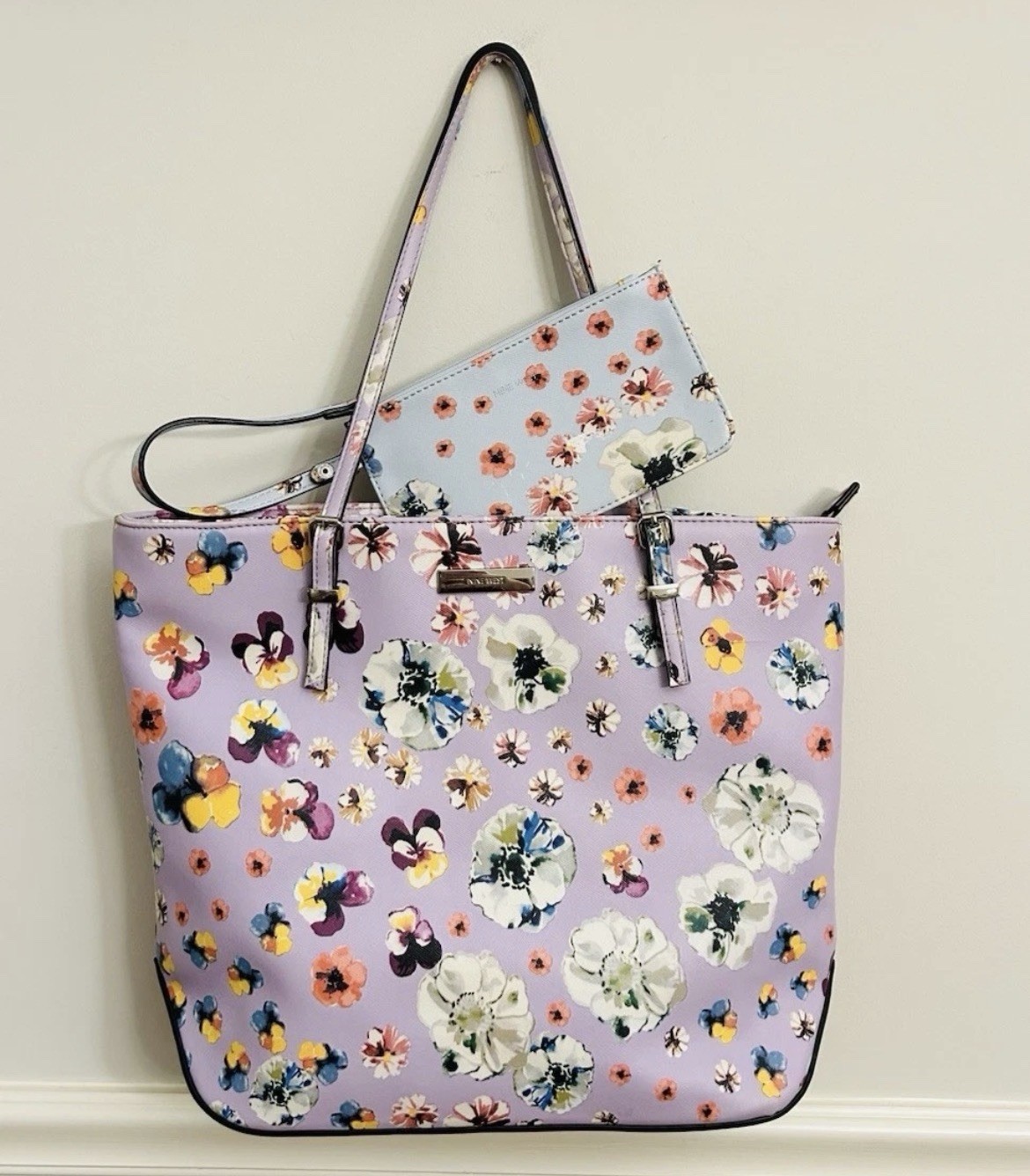 Nine West Floral Print Shoulder Tote Purse with Removable Wristlet Pouch Set