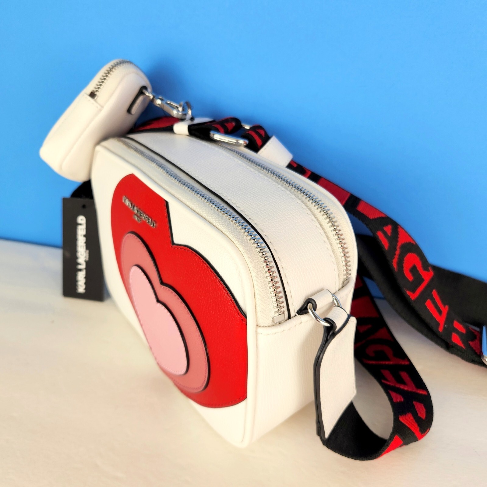 New Karl Lagerfeld Paris Maybelle Crossbody Bag White w Pink Red Hearts w/Pouch