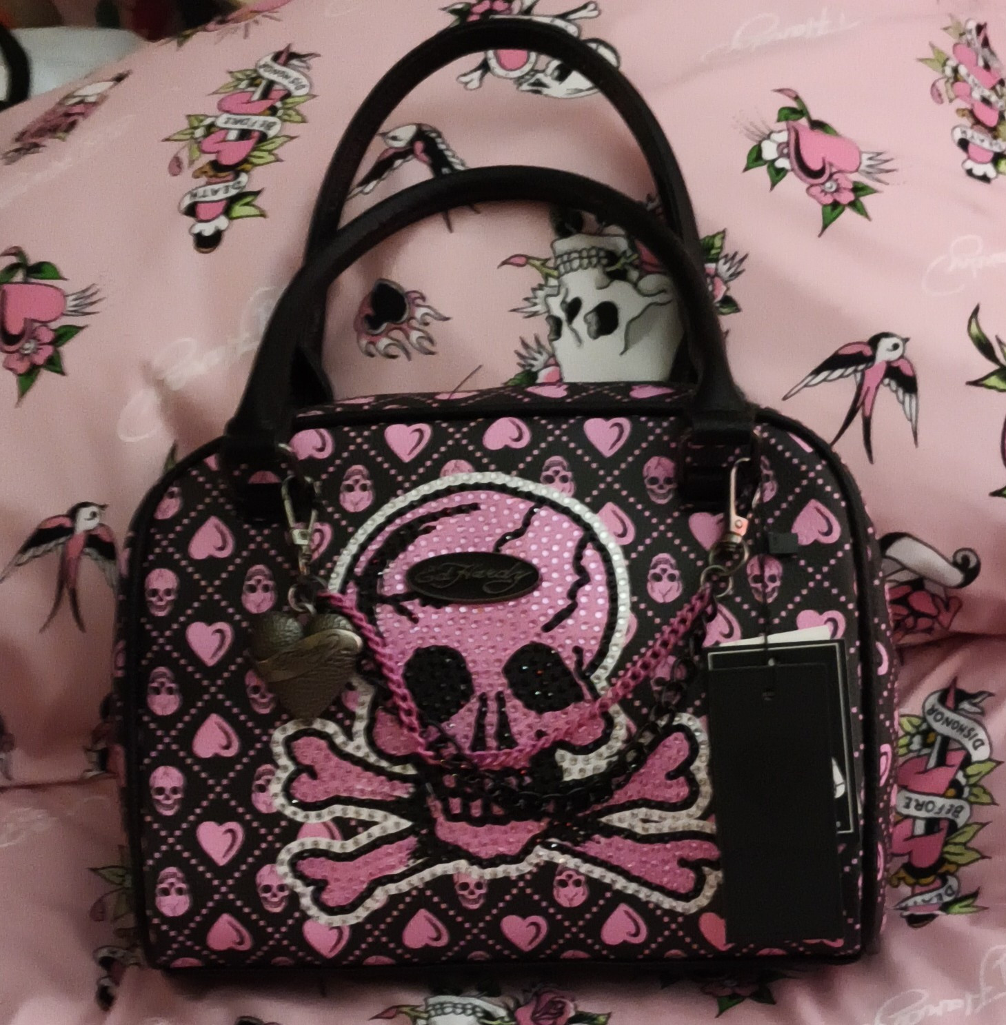 Ed Hardy Black Pink Skulls Satchel Top Handle Zip Crossbody Strap Pockets Charm
