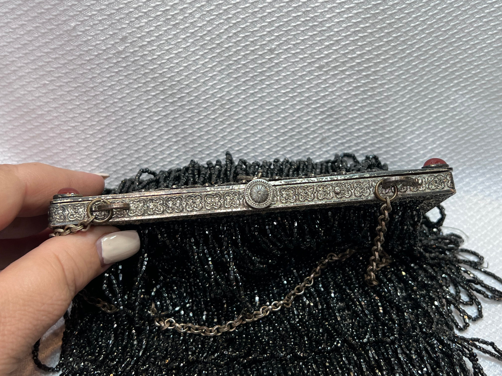 Vtg Fringe Flapper Style Evening Purse Seed Bead Ornate Frame Cabochon