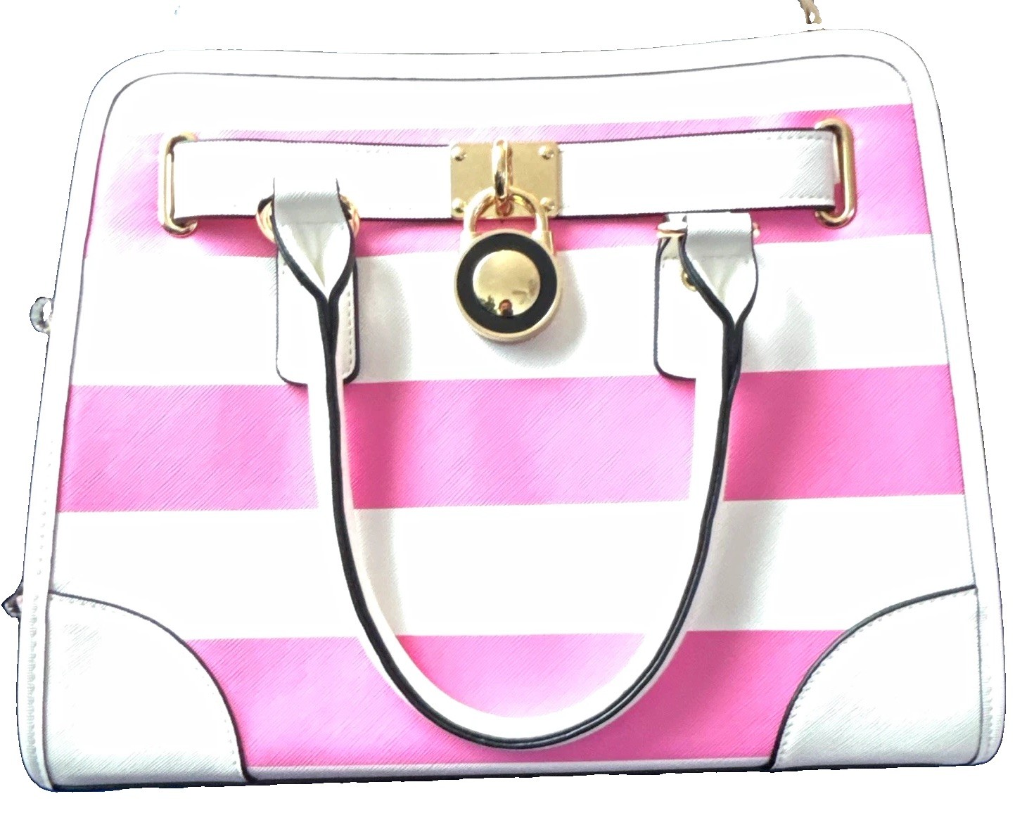 Pink White Striped Satchel Zip w/ removable Chain Strap Gold Hardware Wristlet