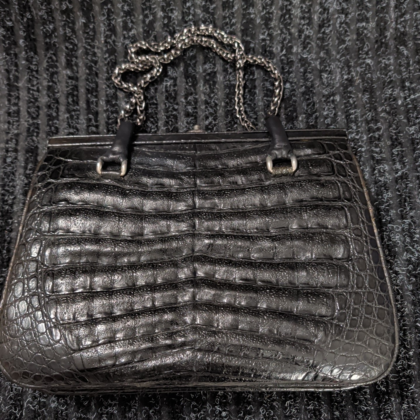 Vintage 50s Alligator Black Handbag Leather Possibly Bellestone Chain Straps