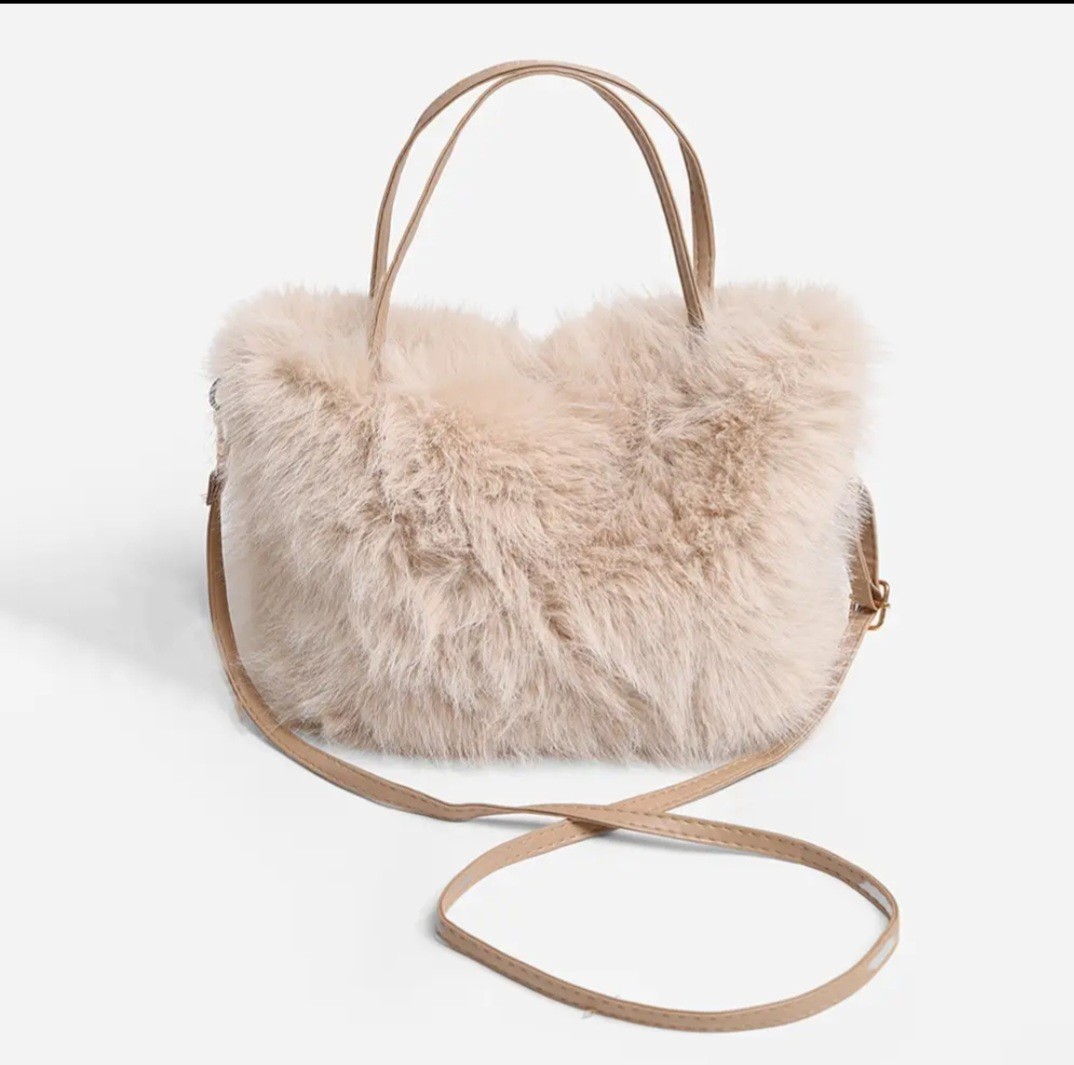 NWT Beige Solid Faux Fur Small Handbag/Crossbody Bag Magnetic Closure