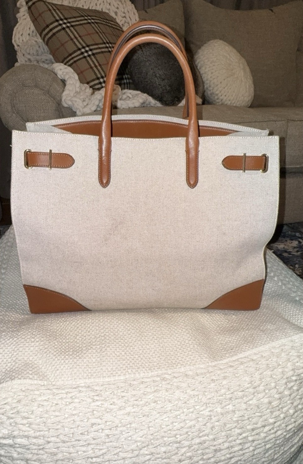 LAUREN RALPH LAUREN Canvas Large Devyn Tote Bag Purse Vanilla Lauren Tan
