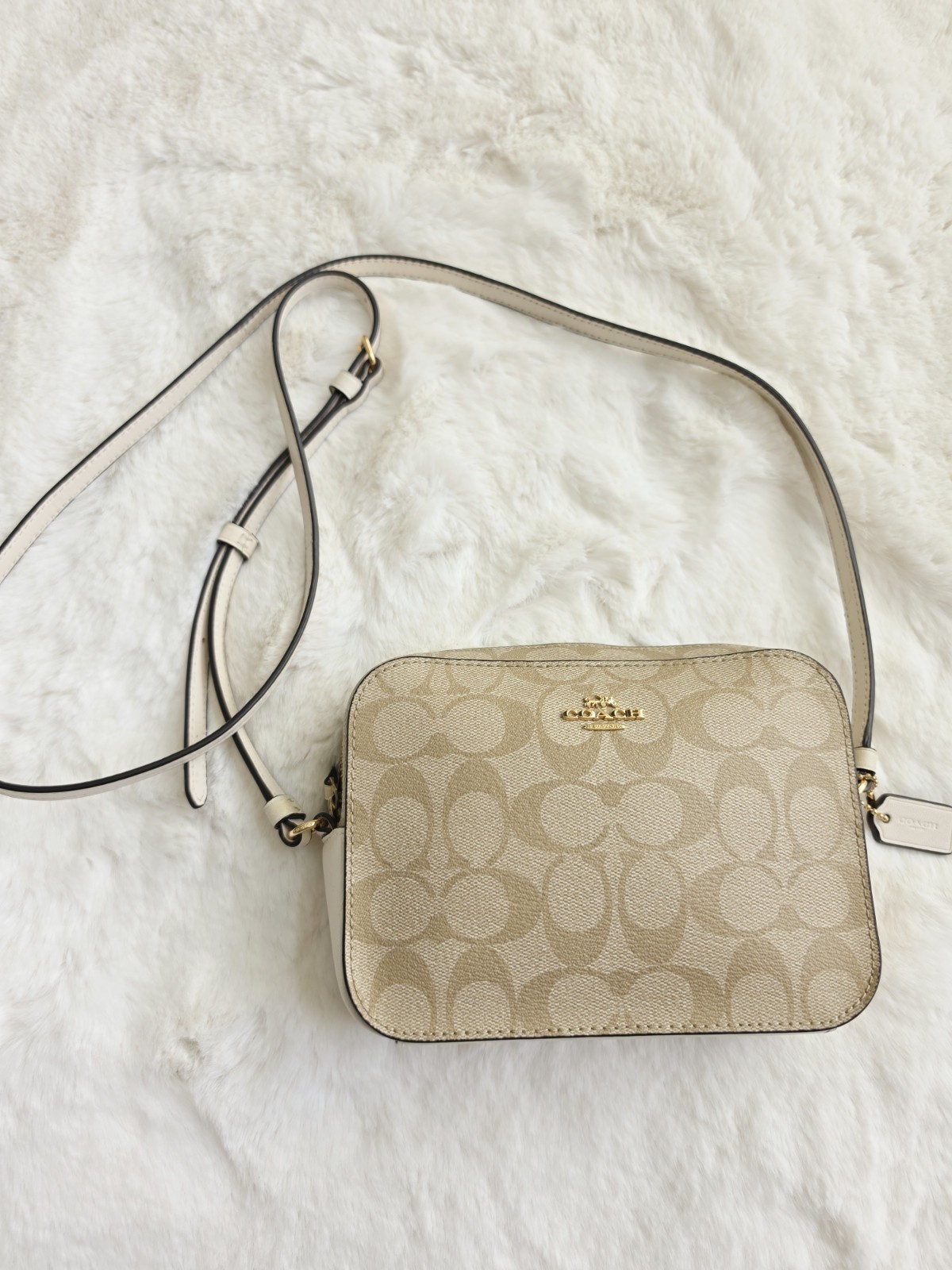 Coach Jamie White Khaki Brown Leather Signature Camera Bag Crossbody Gold HW