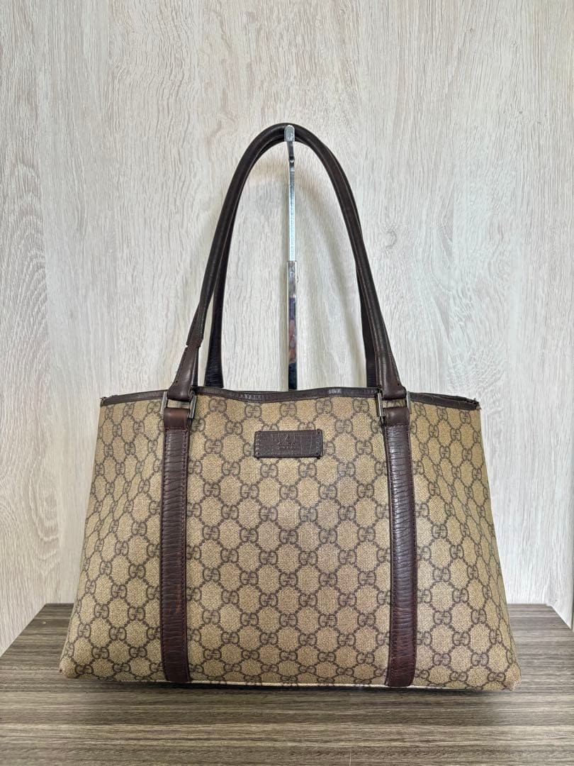 GUCCI GG Tote Hand Bag Magnetic Leather PVC Brown Beige Silver Hardware Japan
