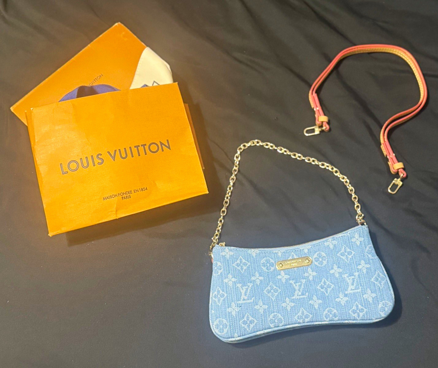Louis Vuitton Monogram Denim Pochette Liv Crossbody Shoulder Bag Sky Blue