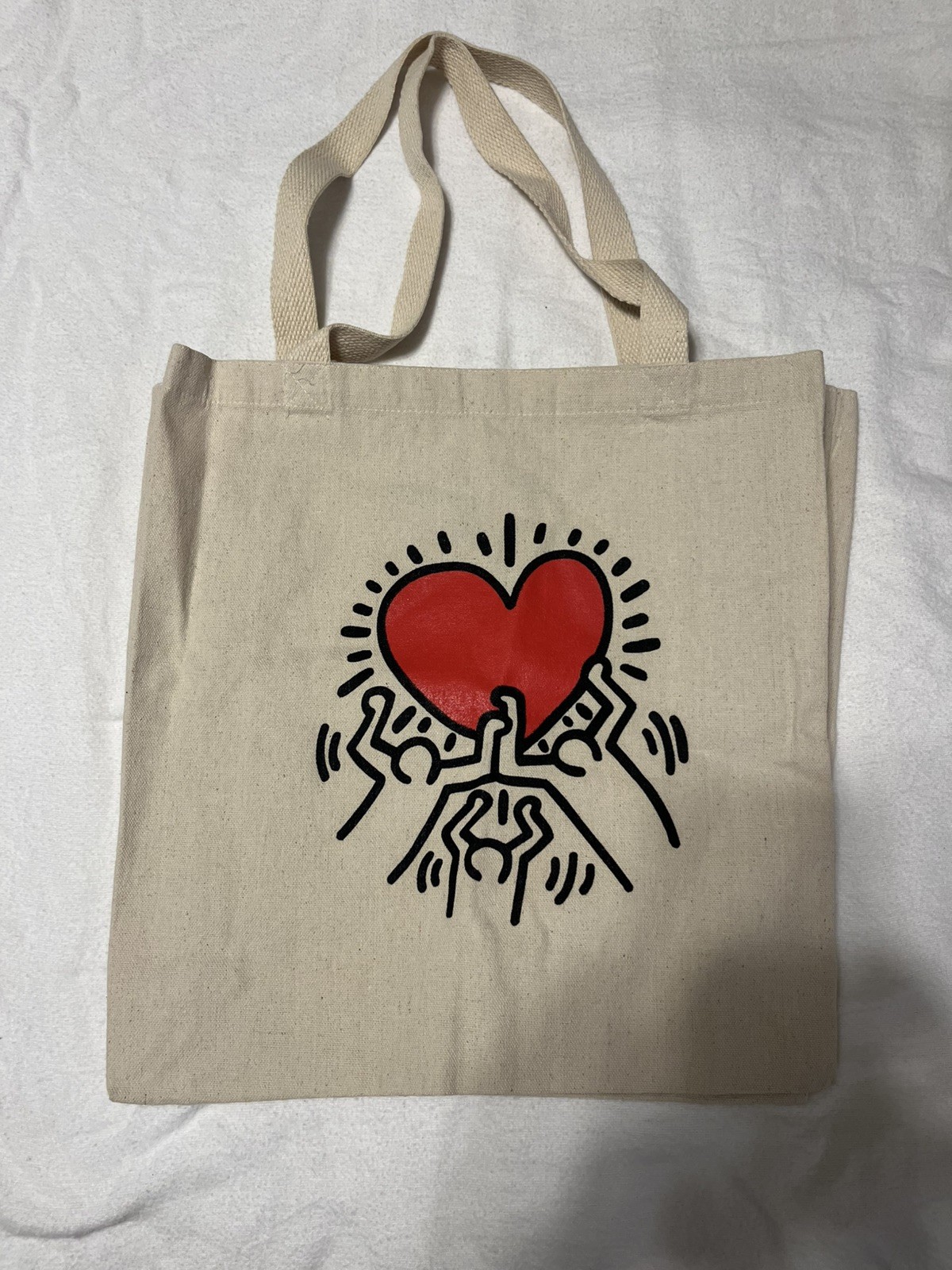 Keith Haring “Holding Heart” expandable tote canvas bag cream cotton