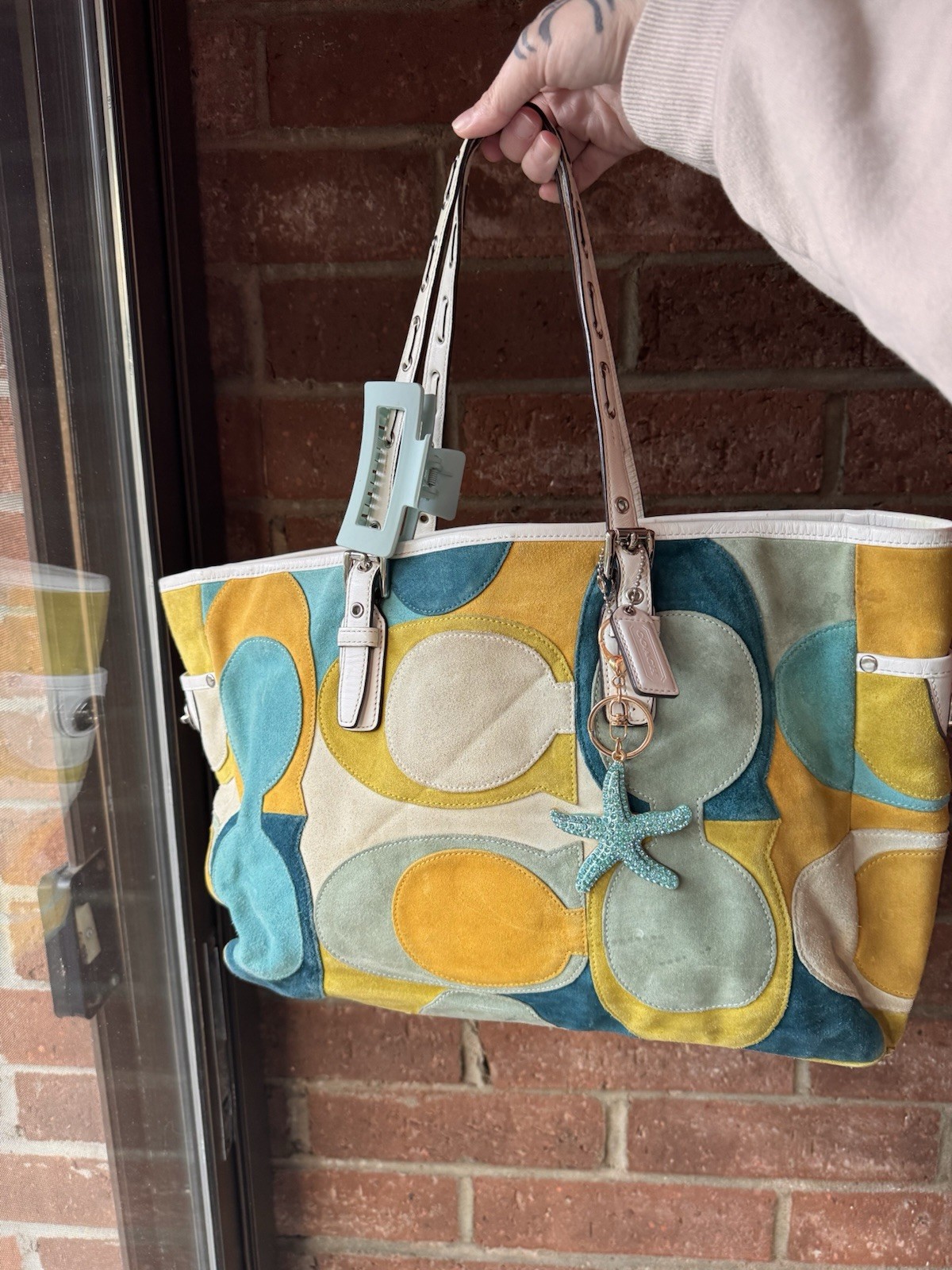 Coach Multicolor Signature Logo Turn Lock Tote Bag Charm Silver Double Handle