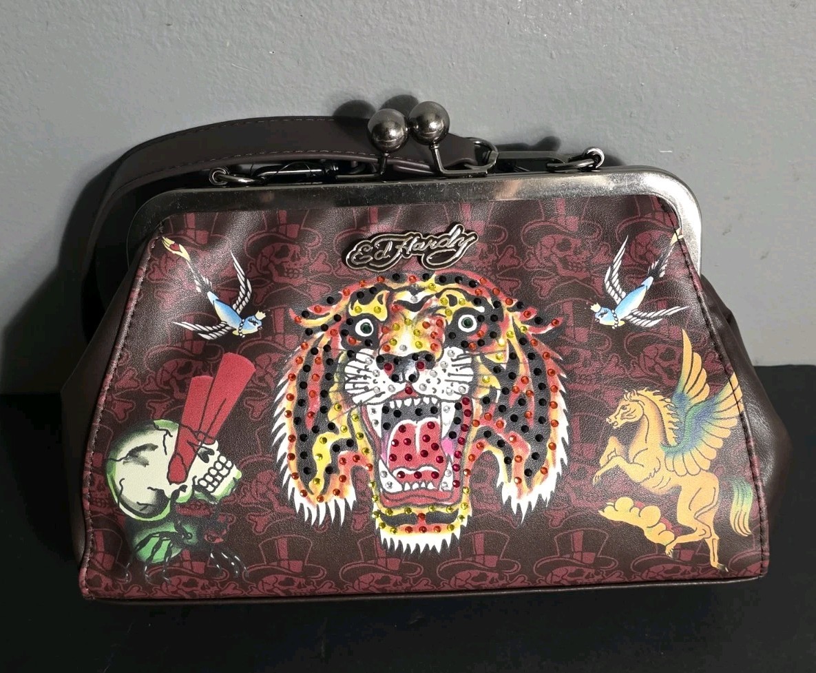 Ed Hardy Kisslock Shoulder Bag Clutch Tattoo Tiger Skull Rhinestone NWT Logo