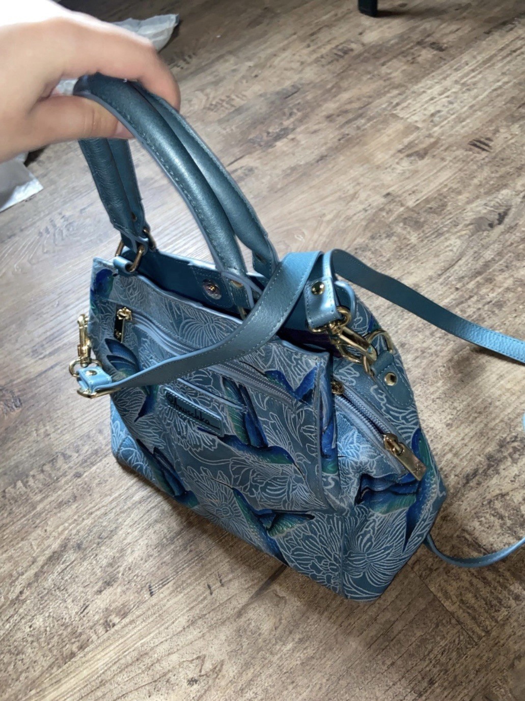 Anuschka Blue Hummingbird Satchel Top Handle Detachable Strap Zip Pockets