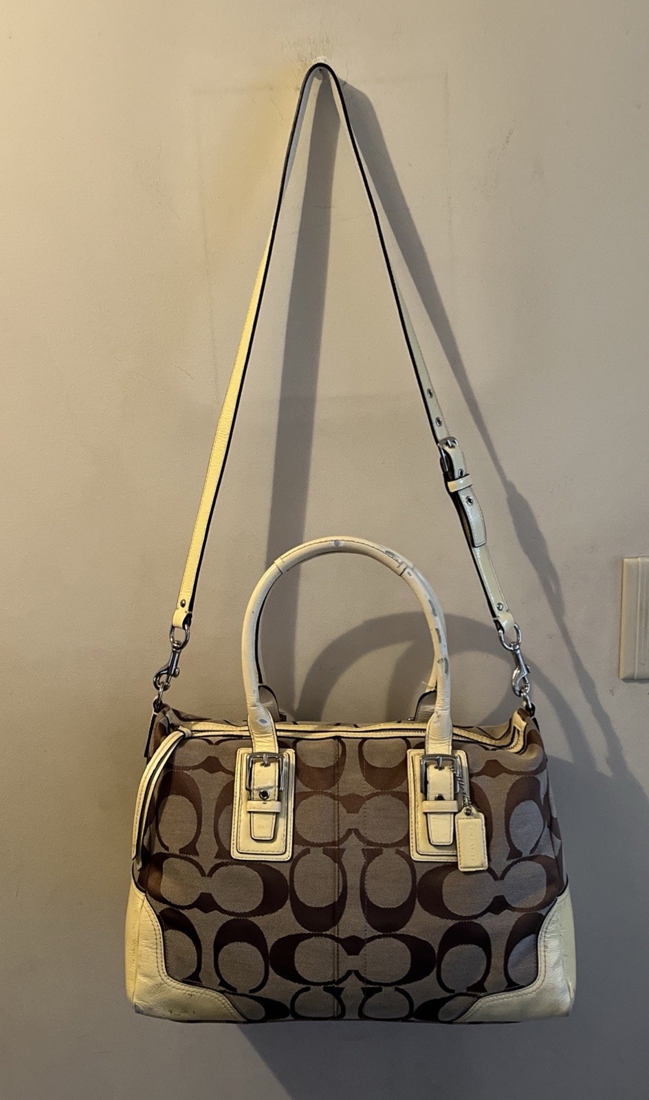 COACH J0920-F13812 Hampton Yellow/Brown Monogram Canvas Leather Shoulder Handbag