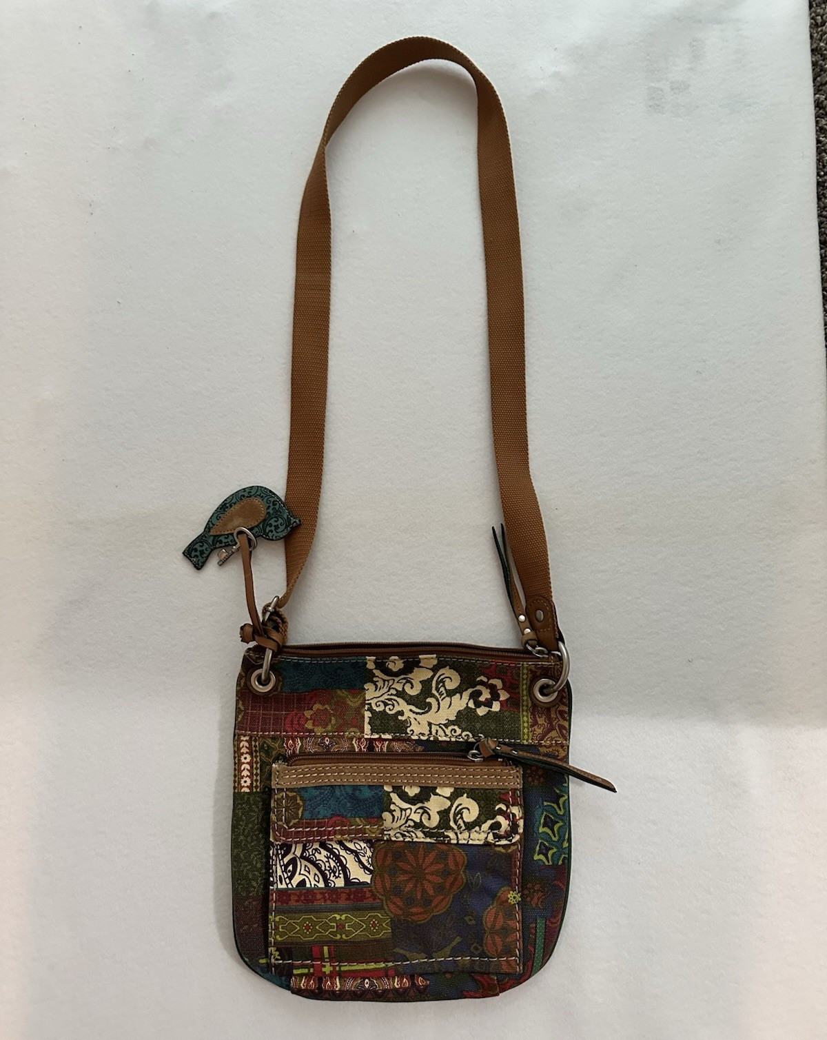 Fossil Multicolor Patchwork Crossbody Bag Zip Adjustable Strap Elephant Charm