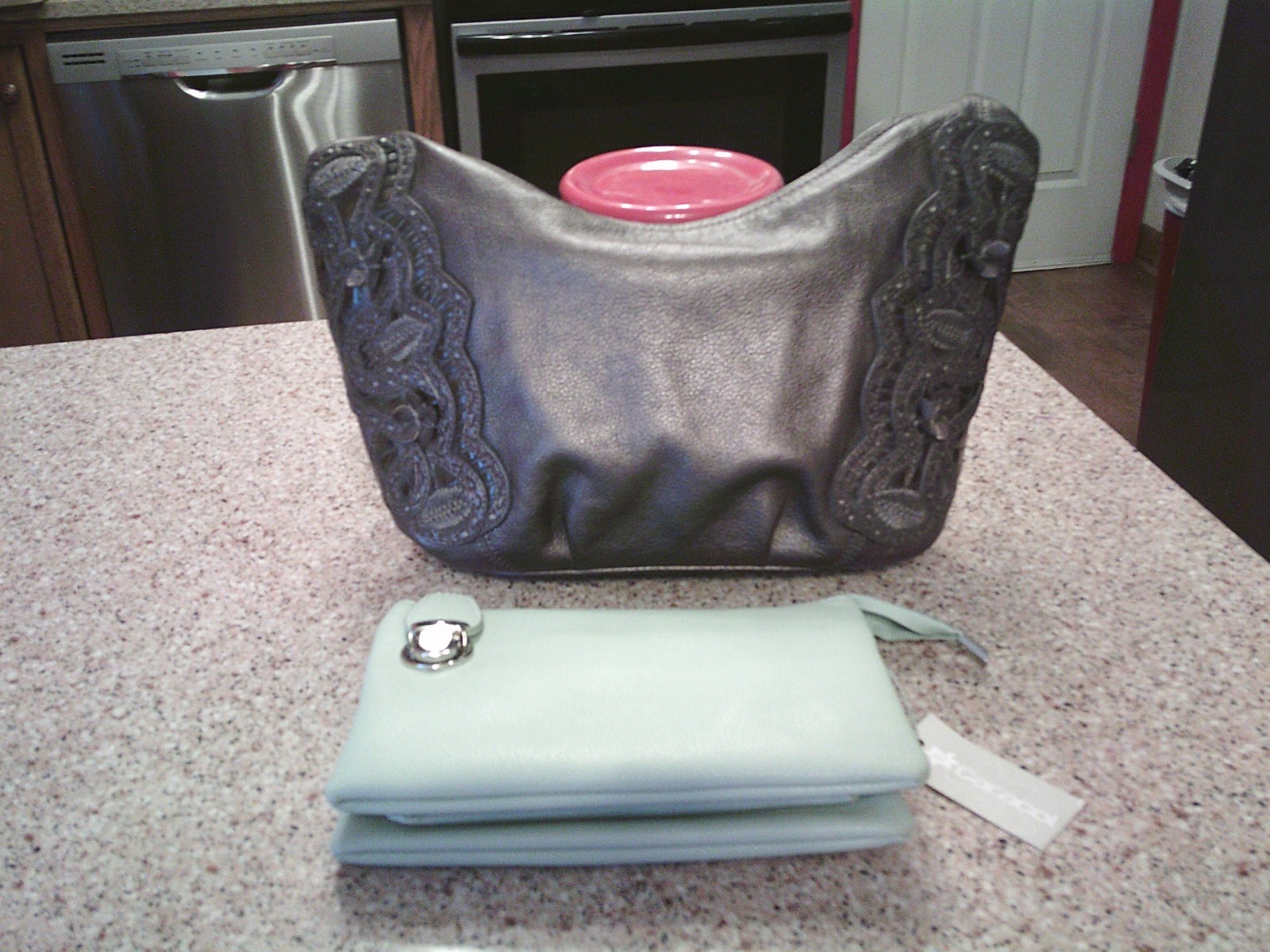 BRIGHTON METALLIC PEWTER HOBO WITH SILVER PLATED FLORAL LACE