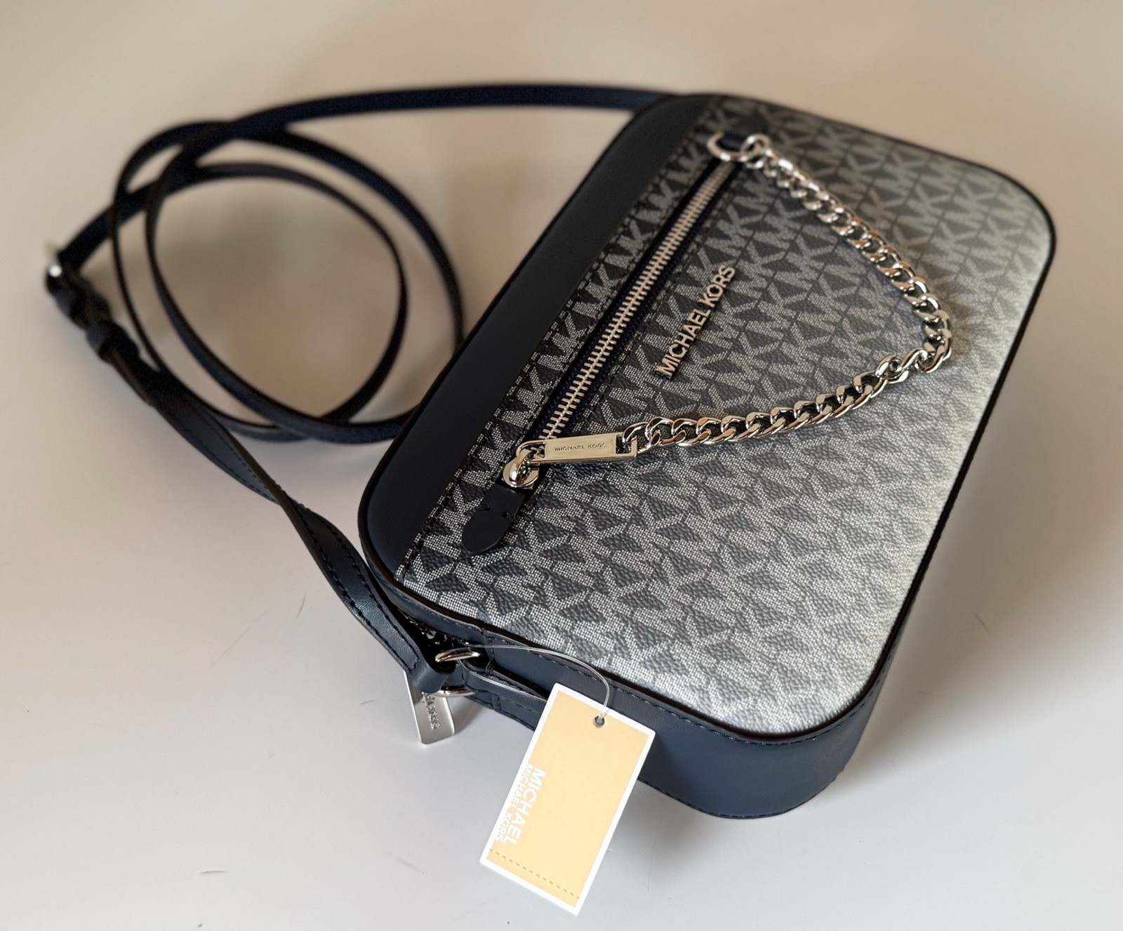 Michael Kors Jet Set Item Chain Crossbody Bag + Card Case Wallet MK Ombré Navy
