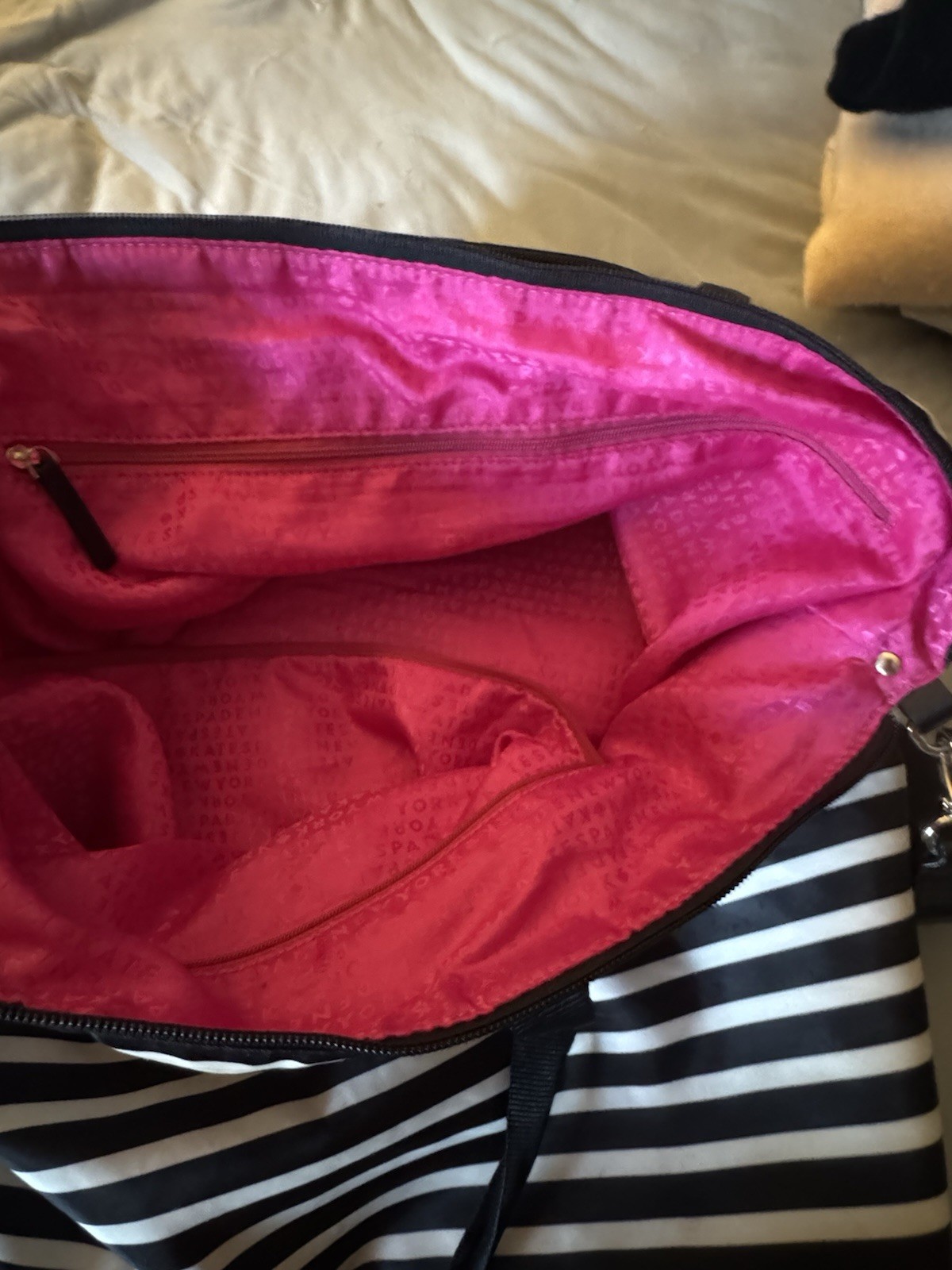 kate spade Watson Lane Lyla Black & White Stripes Nylon Packable Weekender Bag