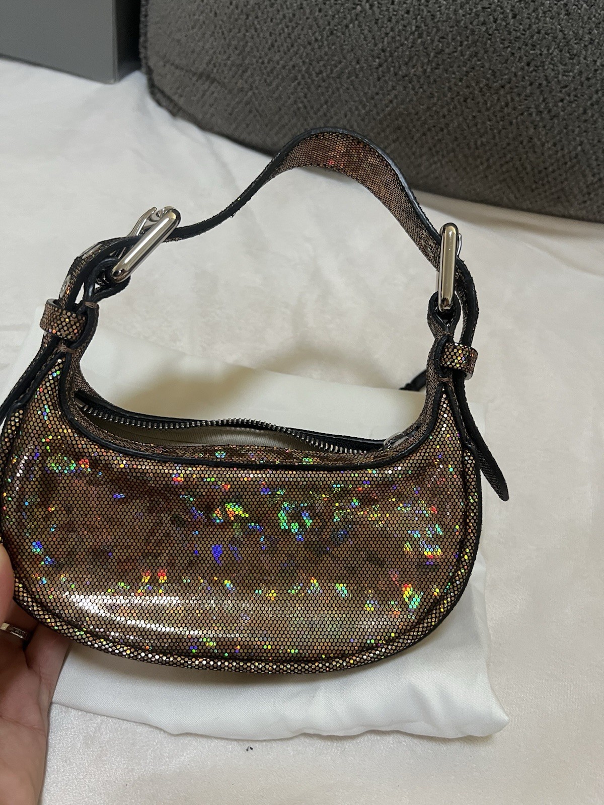 Women’s Small Crescent Shoulder Bag Bronze Metallic Glitter Zip, Silver Hardware