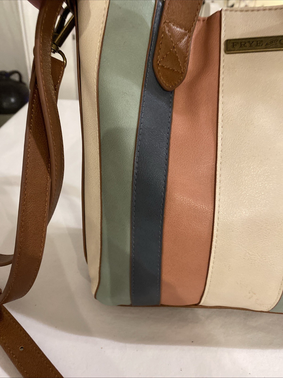 Frye & Co Pink Brown Teal Stripe Mini Shopper Tote Bag Purse Top Handle Shoulder
