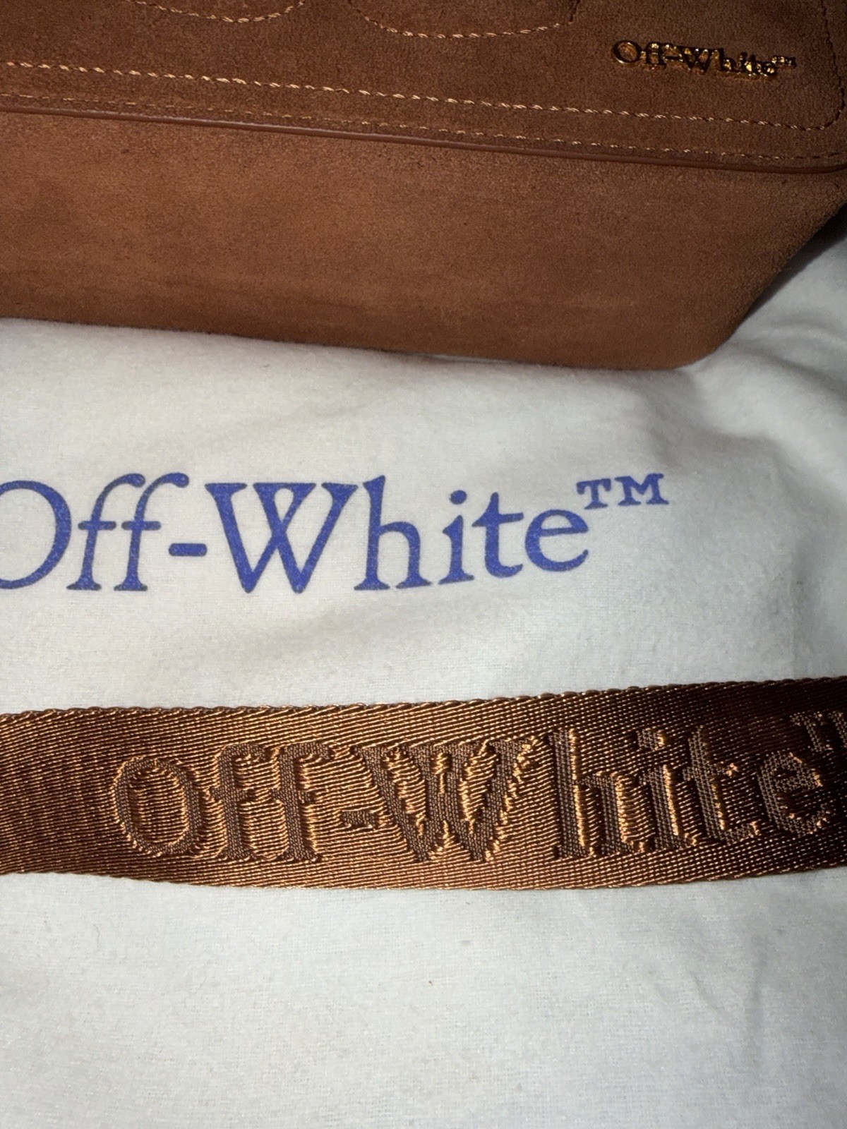 Off-White Brown Logo Crossbody Bag Gold Chain Strap Adjustable, Dust Bag