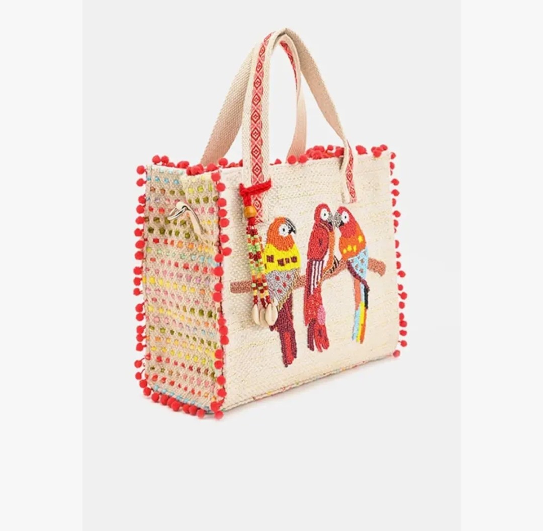 Boho Girl Parrot Perch Tote Bag – Beaded Parrots Design, Handcrafted Bag