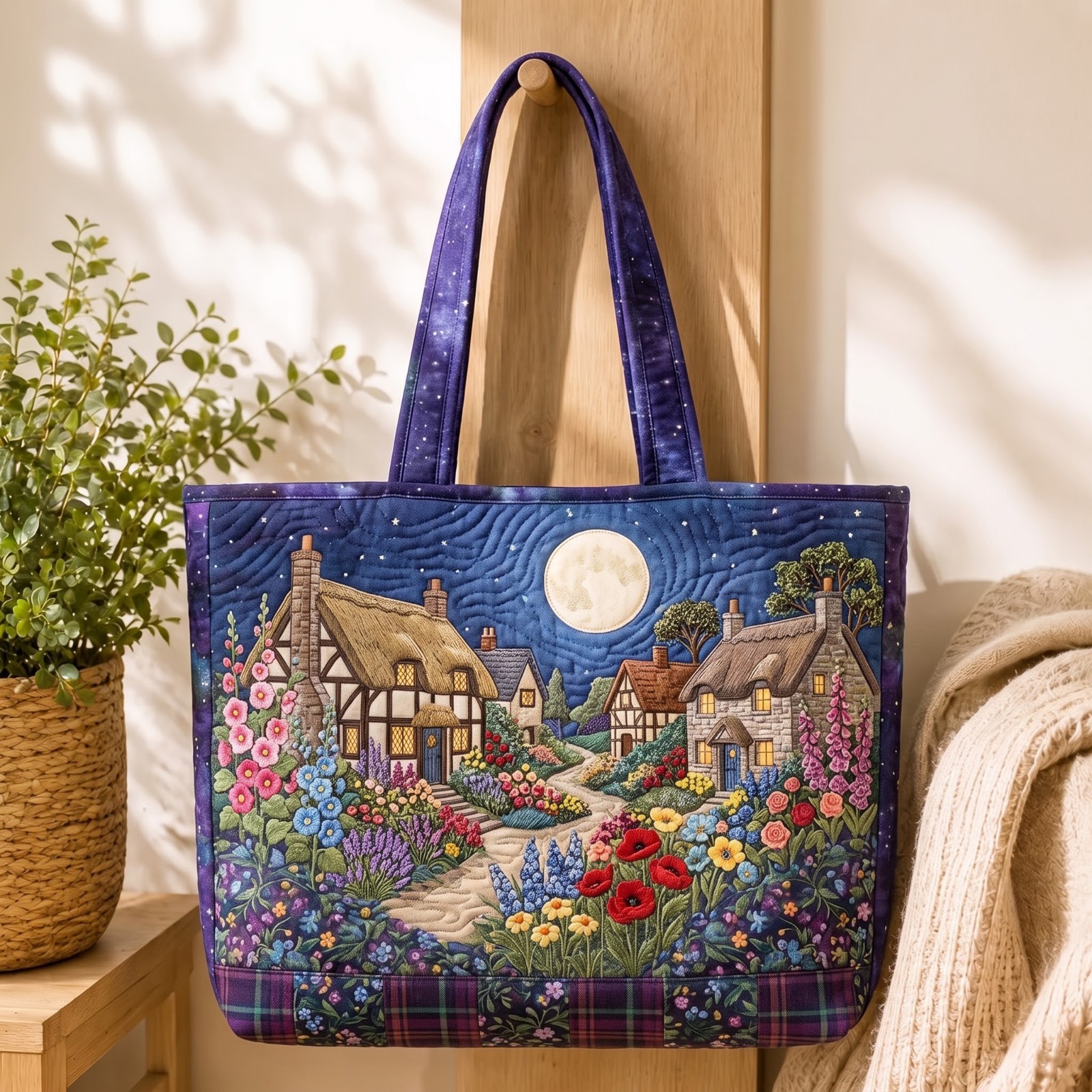 Starry Night Village Quilted Tote Bag Whimsical Moon Floral Patchwork Handbag
