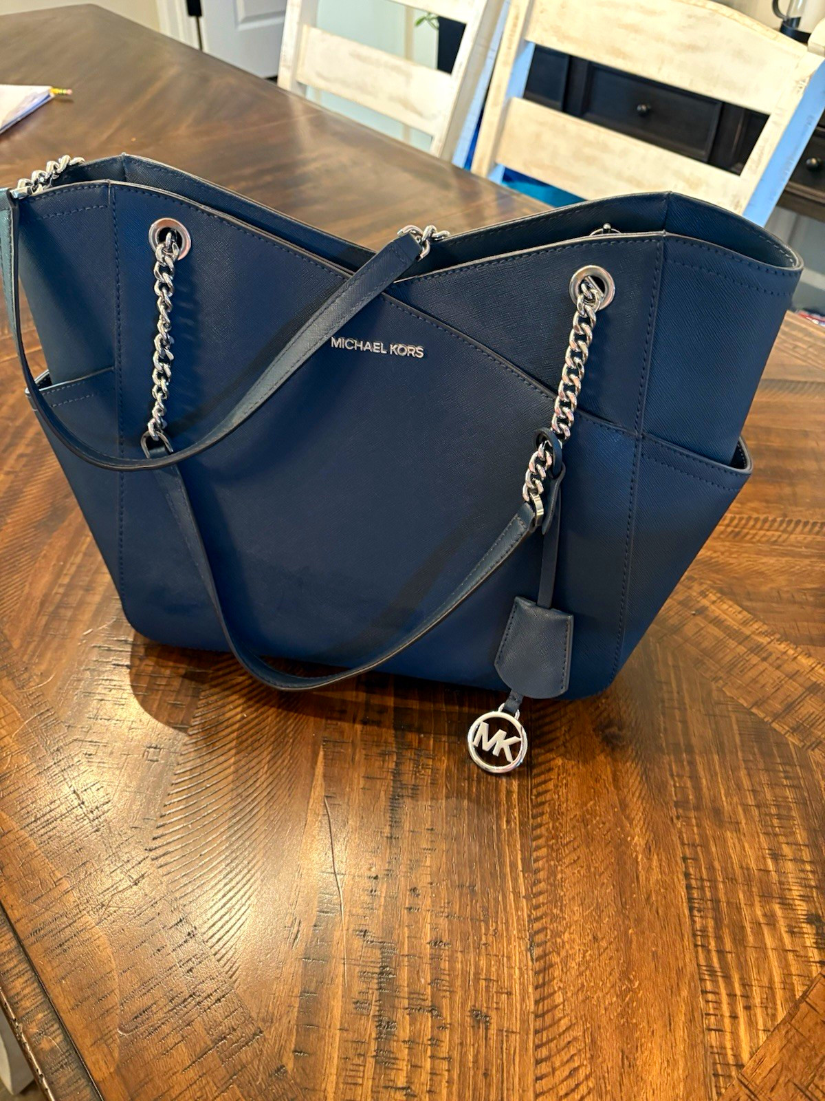 Michael Kors Large Blue Tote Zip Shoulder Bag Silver Chain Strap Charm Logo