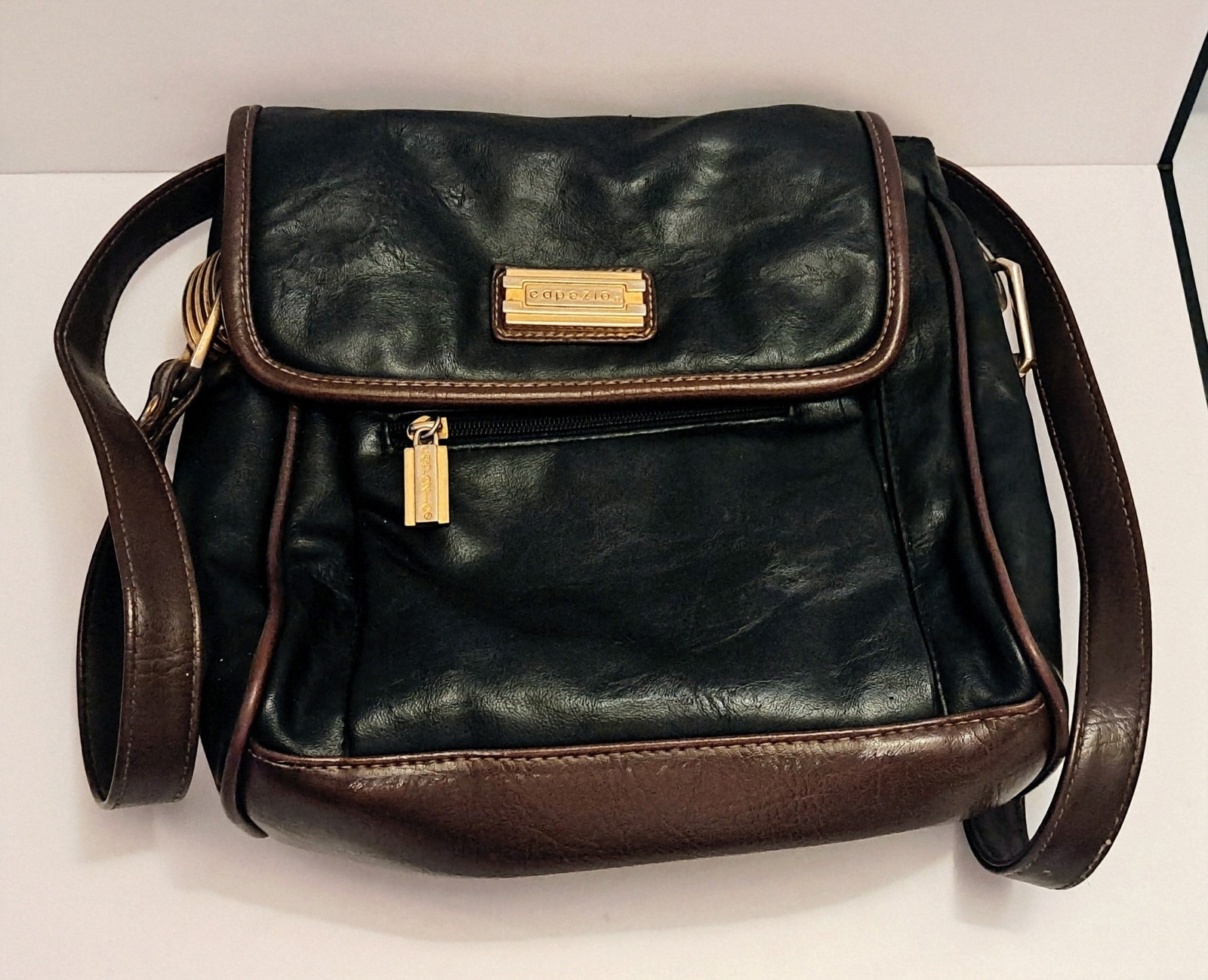 Vintage Capezio Faux Leather Crossbody Shoulder Bag Purse Black With Brown Trim