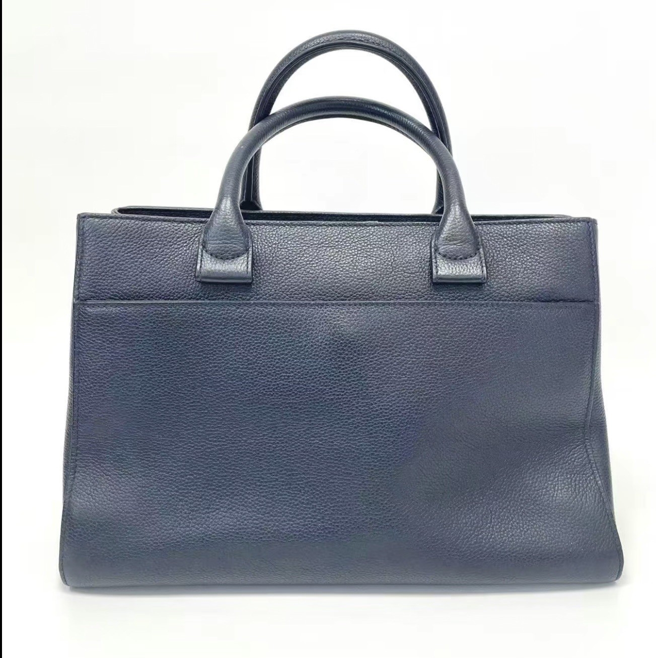 Authentic CHANEL Navy Blue Caviar Leather Top Handle Tote Shoulder Bag Silver CC