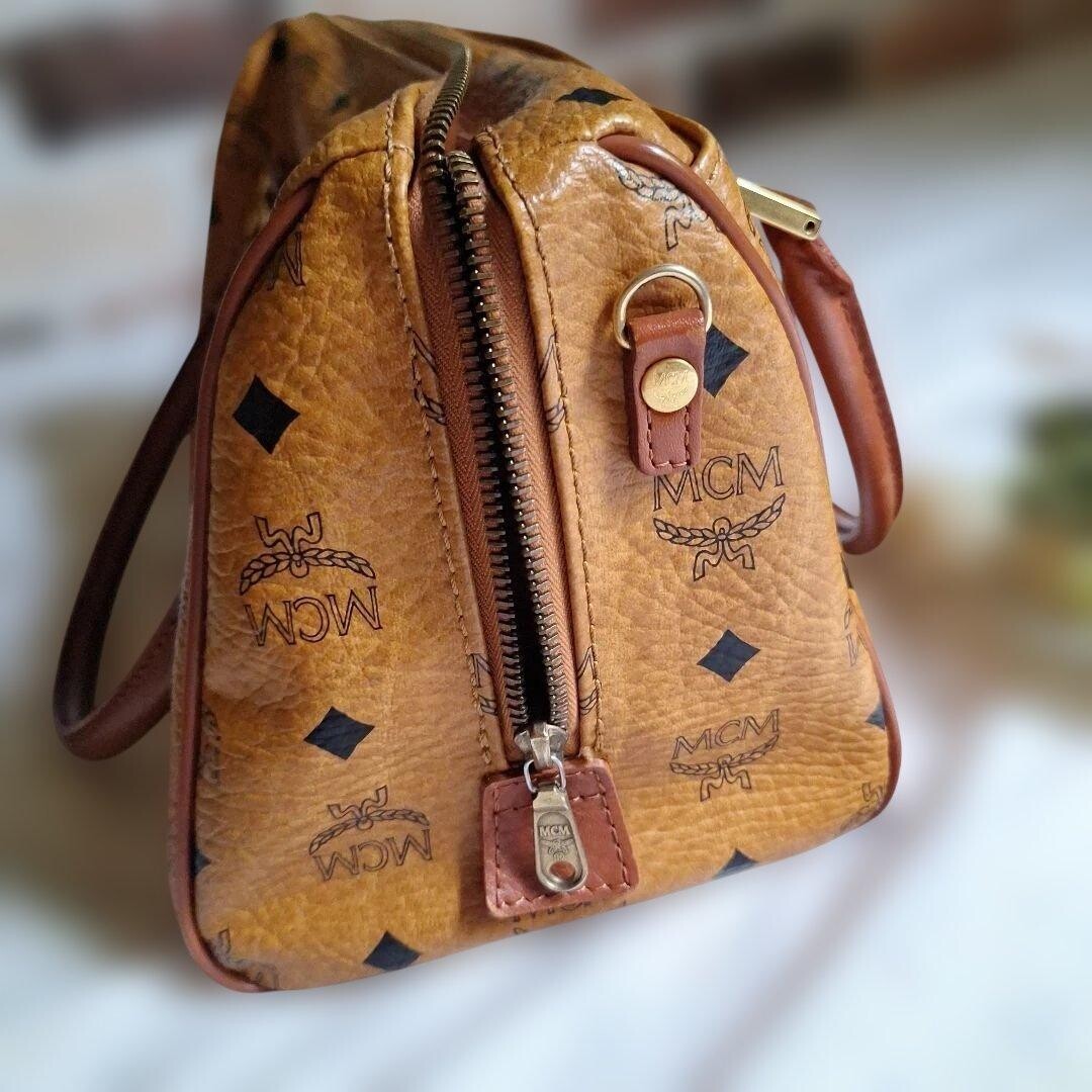 MCM Visetos Mini Boston Bag Brown Monogram Logo Plate Handbag Women Vintage