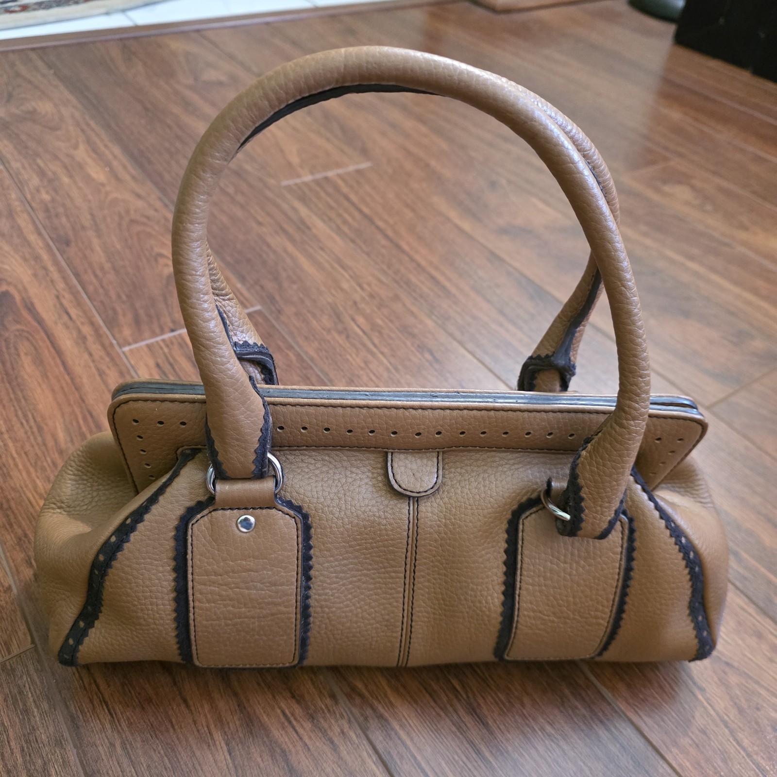 Ann Taylor LOFT  Pebbled Leather Caramel Tan Satchel Bag Magnetic Closure