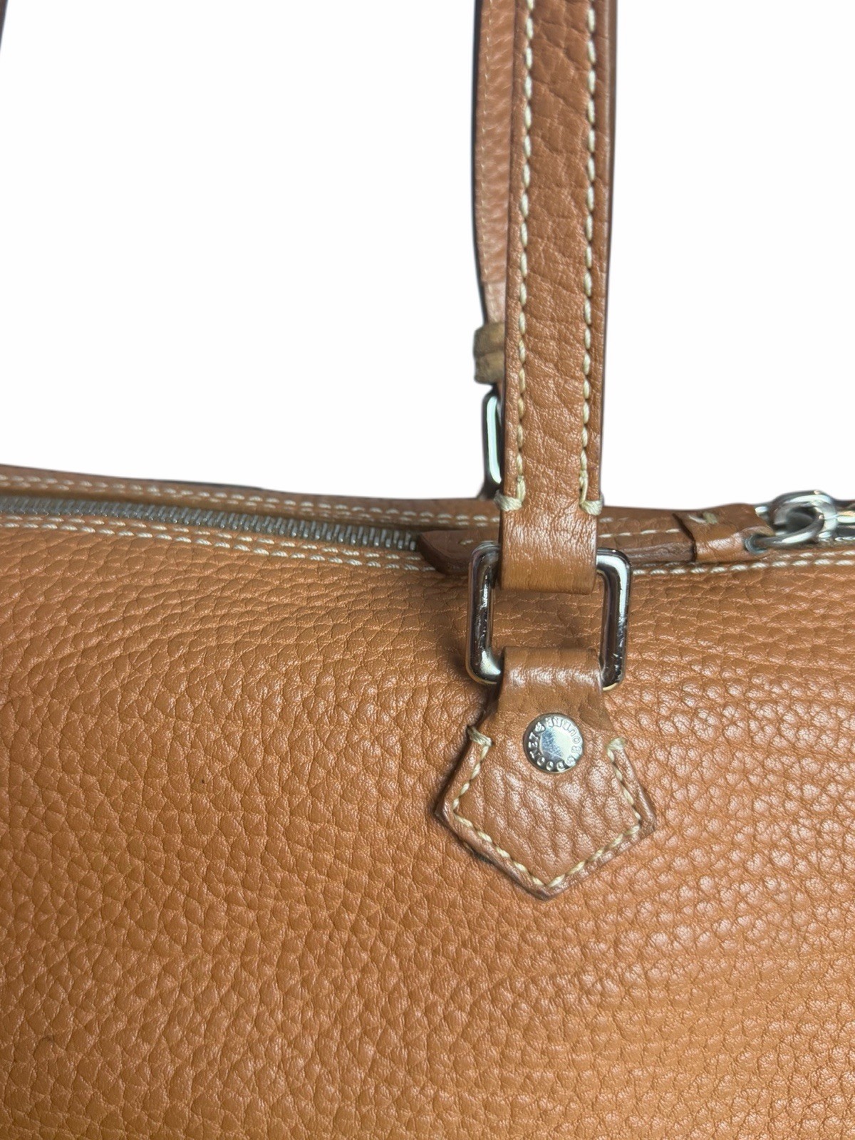 Authentic Dooney & Bourke Pebbled Leather Barrel Bag Cognac Brown Duck Medallion
