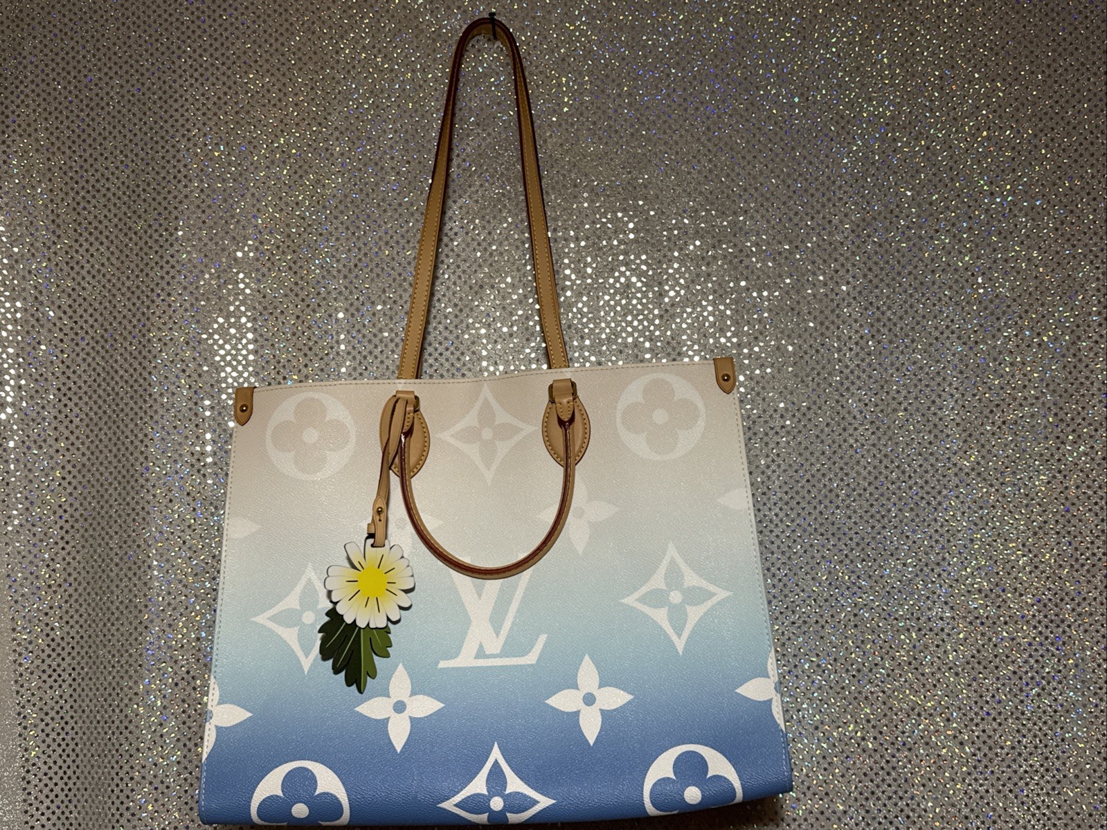 LOUIS VUITTON BY THE POOL NEVERFULL MM BLUE GIANT FLOWER MONOGRAM BAG